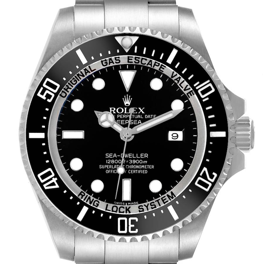 The image shows a front view of the Rolex Sea-Dweller watch, highlighting its black dial, rotating bezel, and stainless steel bracelet.