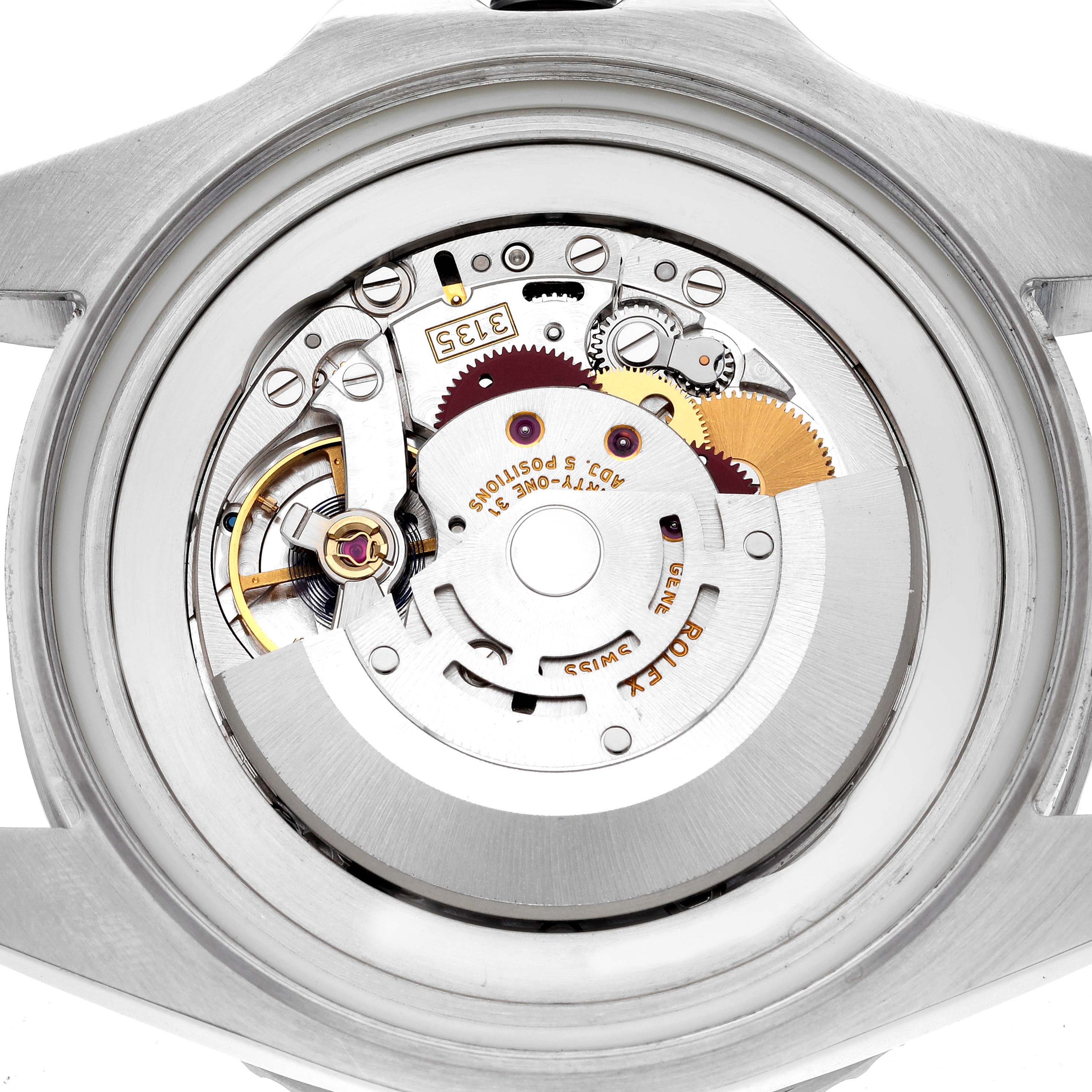 This image shows the back view of the Rolex Sea-Dweller 116660 Men
s Stainless Steel Black Dial 116660 Men
s Stainless Steel Black Dial watch, highlighting its intricate movement and internal components.