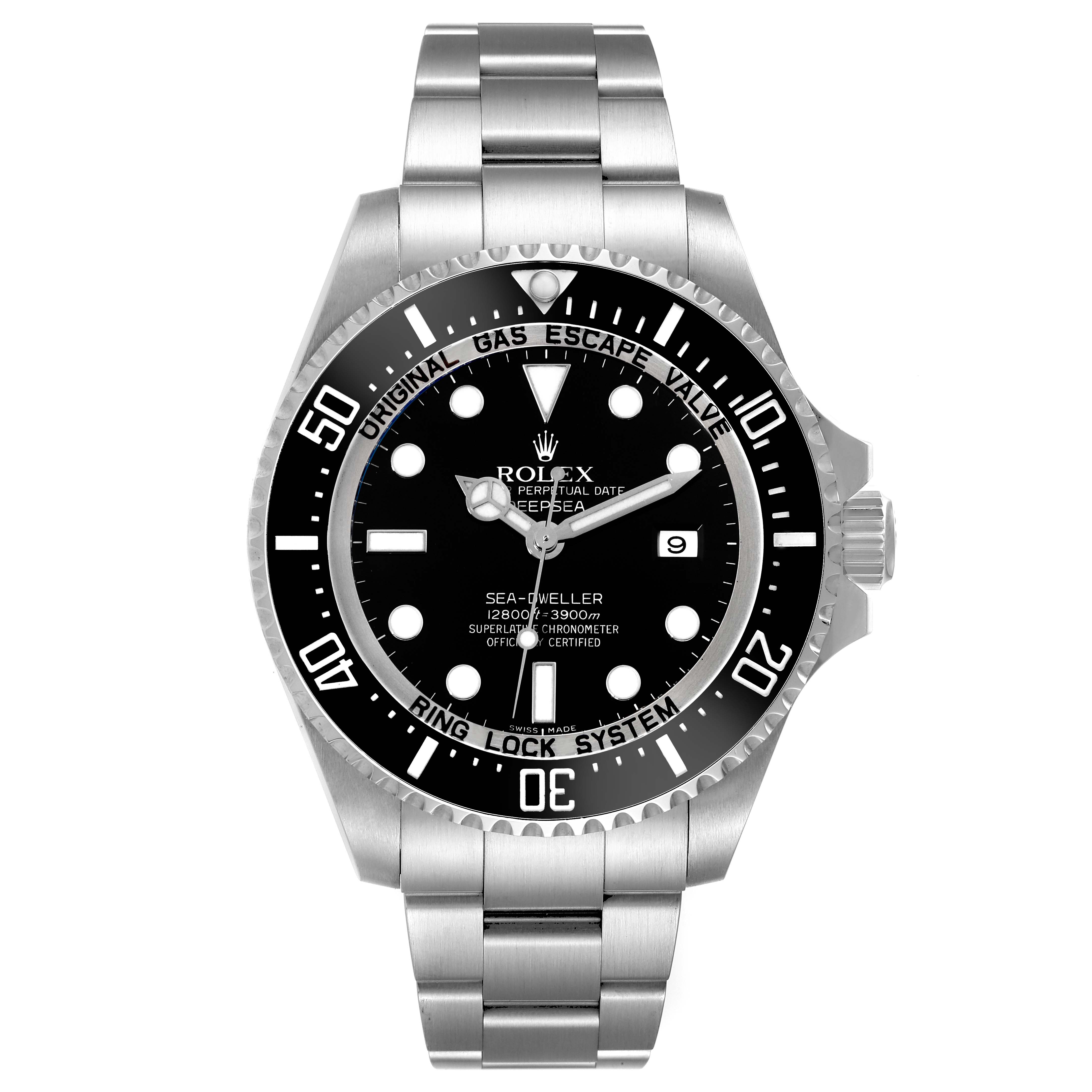 The image shows a front view of the Rolex Sea-Dweller 116660 Men
s Stainless Steel Black Dial 116660 Men
s Stainless Steel Black Dial watch, highlighting its dial, bezel, and bracelet.