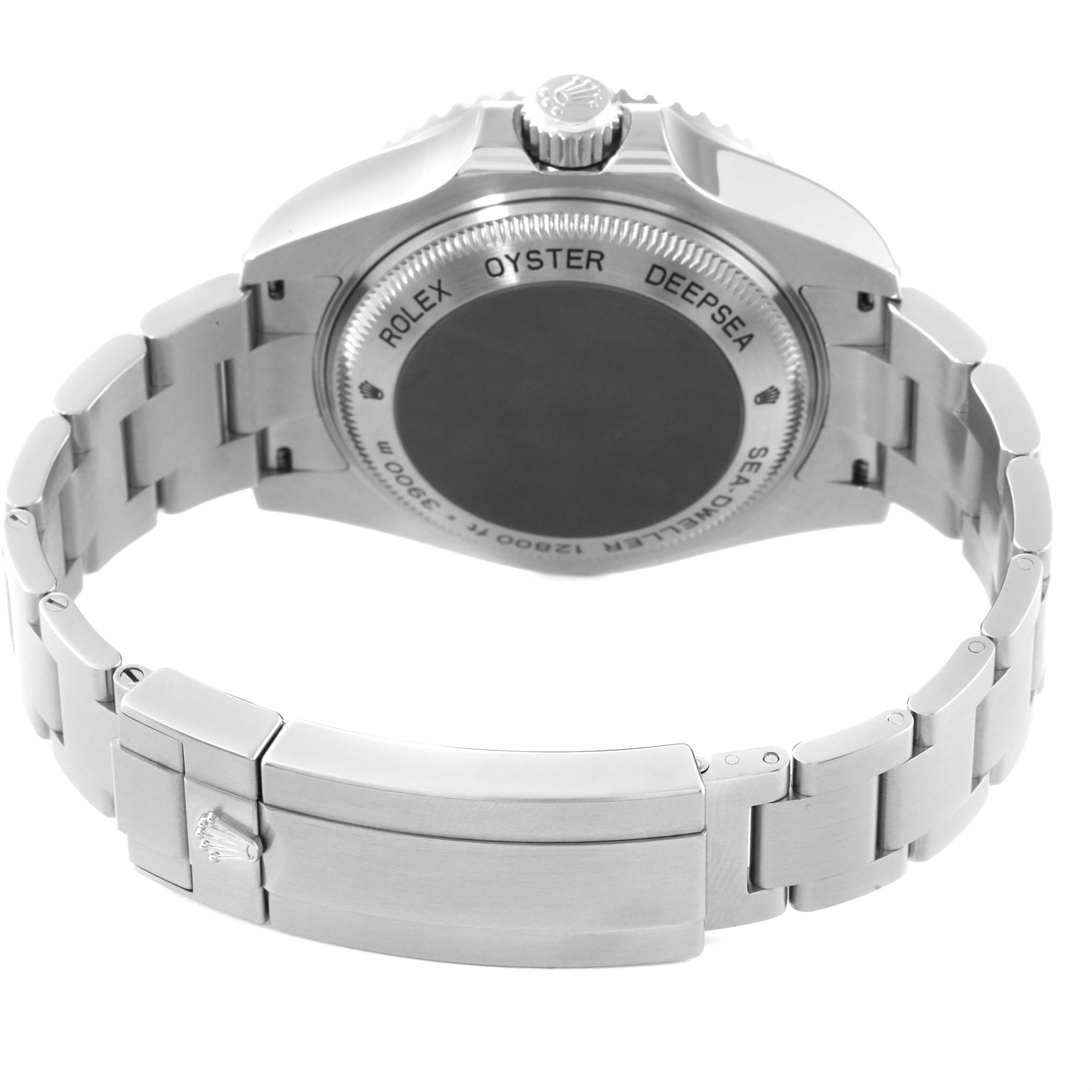 This image shows the back and clasp of a Rolex Sea-Dweller 116660 Men
s Stainless Steel Black Dial 116660 Men
s Stainless Steel Black Dial watch, highlighting the bracelet and case back.