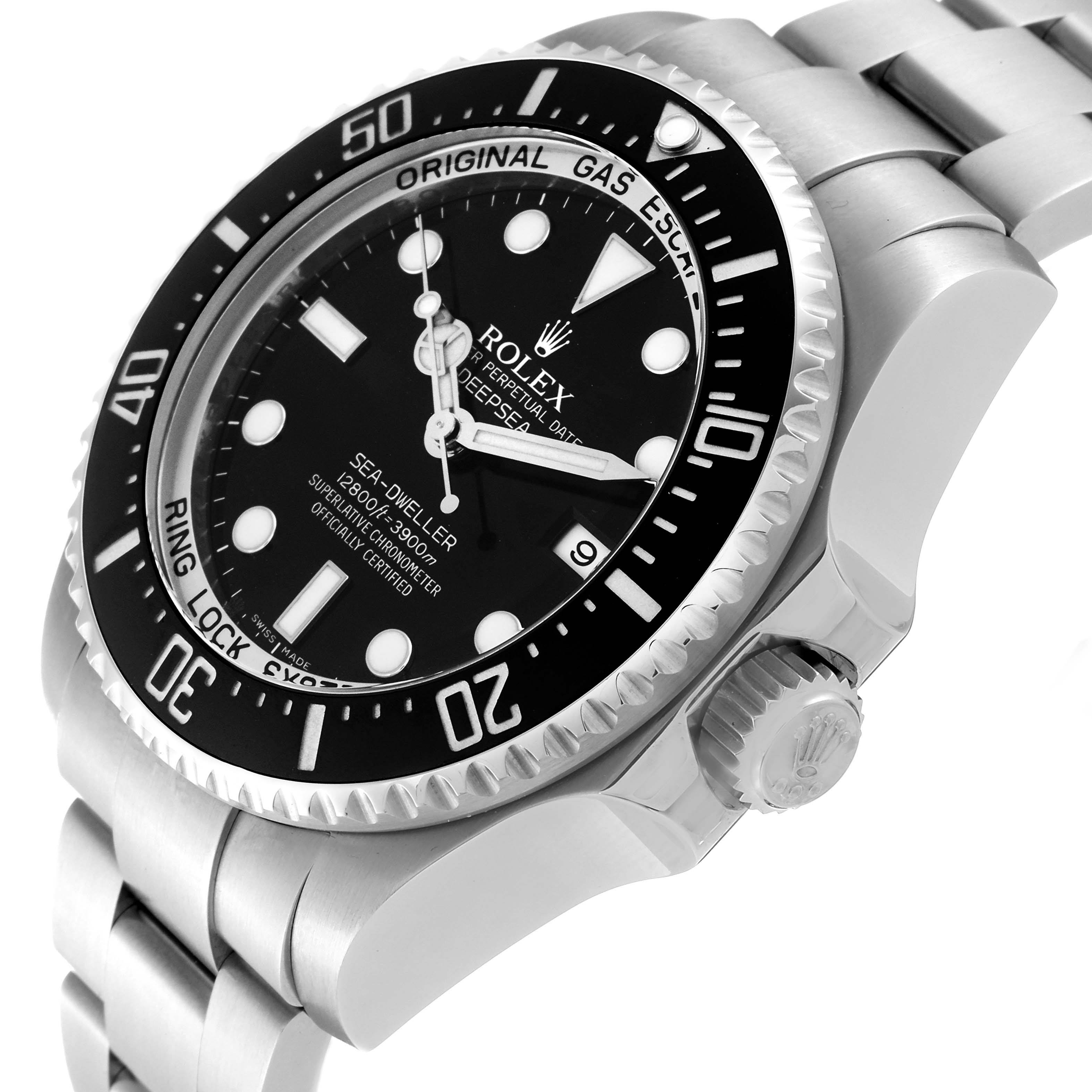 The image shows a side angle and part of the dial, bezel, and bracelet of a Rolex Sea-Dweller 116660 Men
s Stainless Steel Black Dial 116660 Men
s Stainless Steel Black Dial watch.