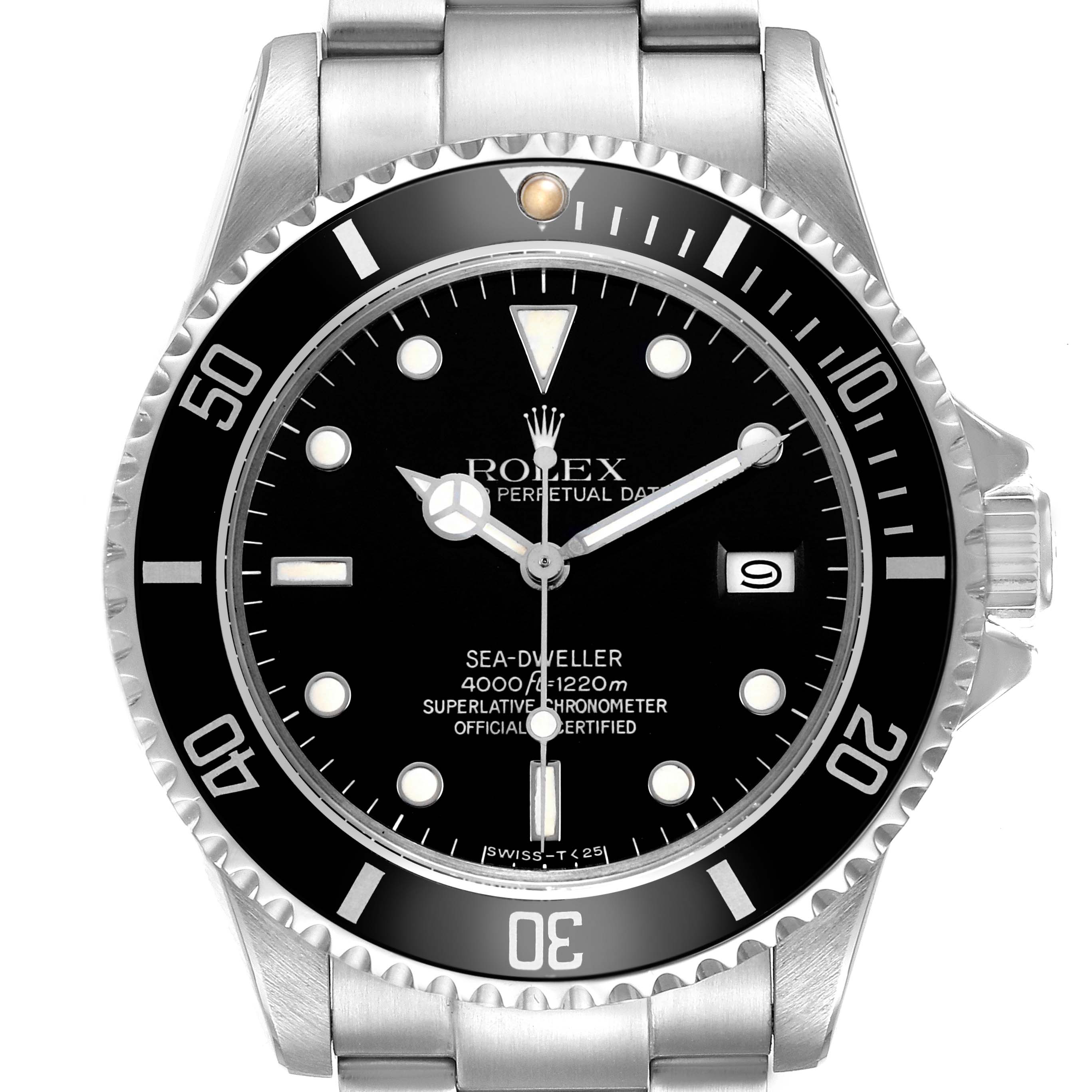 The Rolex Sea-Dweller 16660 Men's Stainless Steel Black Dial watch is shown from a front angle, highlighting the dial, bezel, and crown.