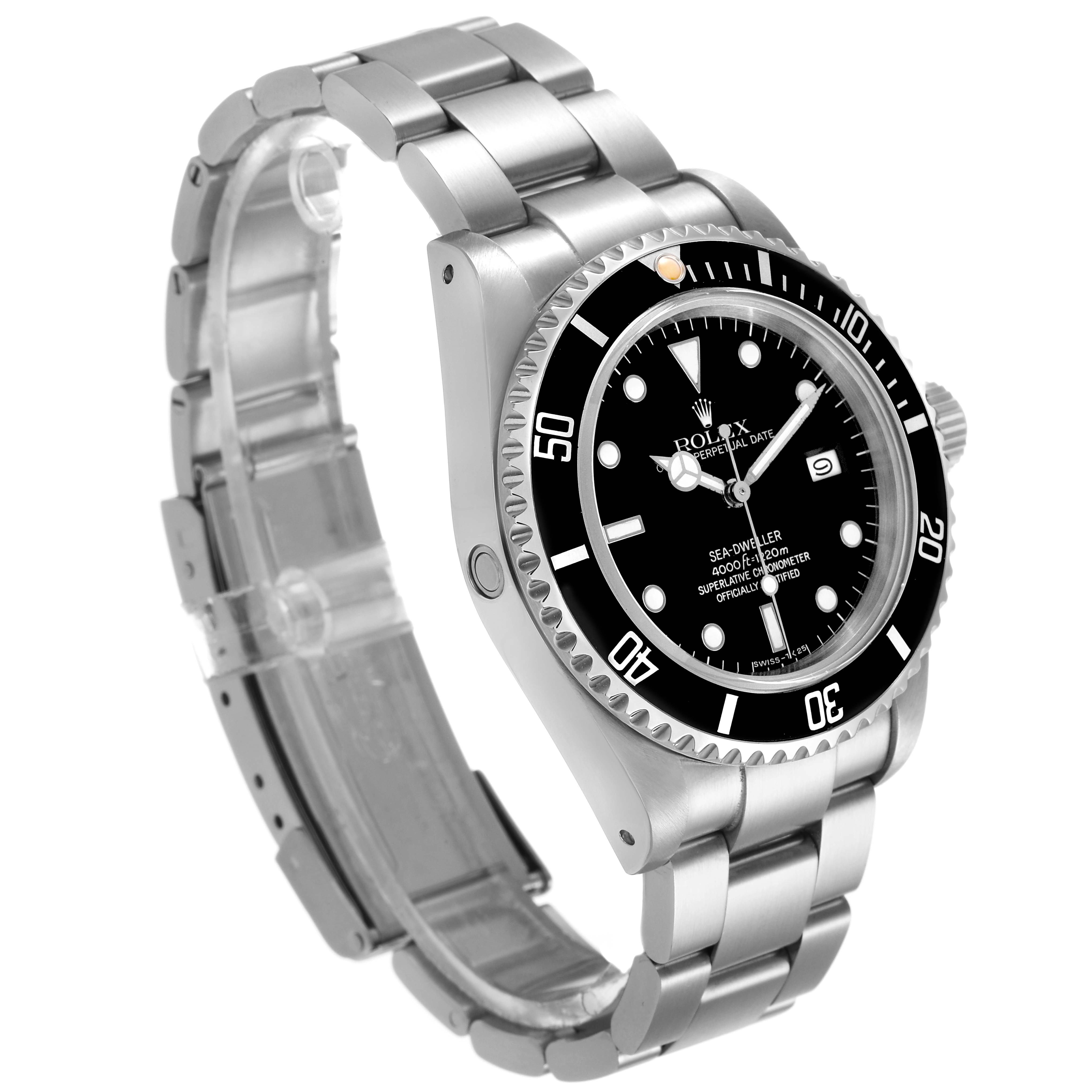 The Rolex Sea-Dweller 16660 Men's Stainless Steel Black Dial watch is shown at a slight angle, highlighting the face, bezel, and bracelet.