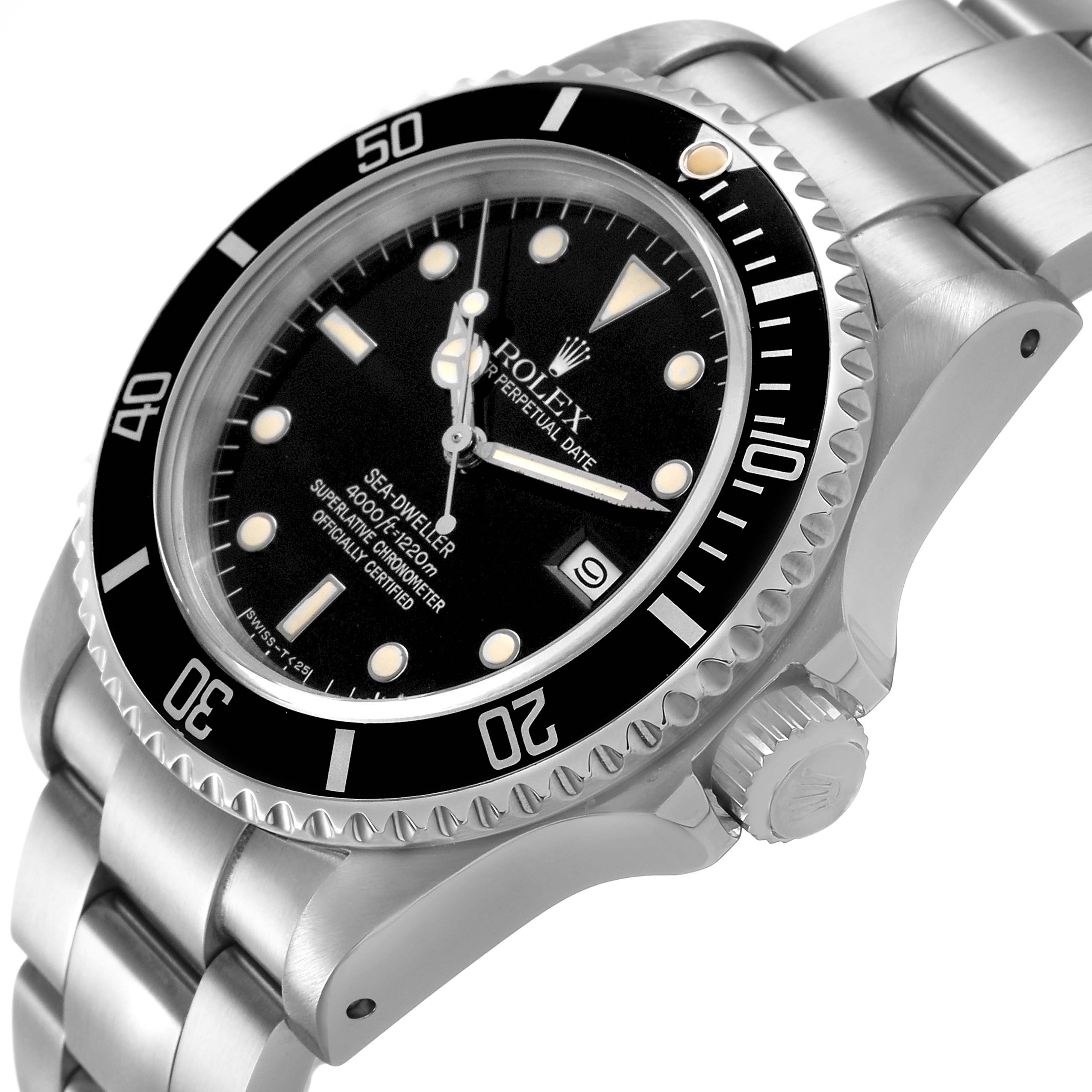 The Rolex Sea-Dweller 16660 Men's Stainless Steel Black Dial watch is shown at a slight angle, highlighting the bezel, dial, bracelet, and crown.