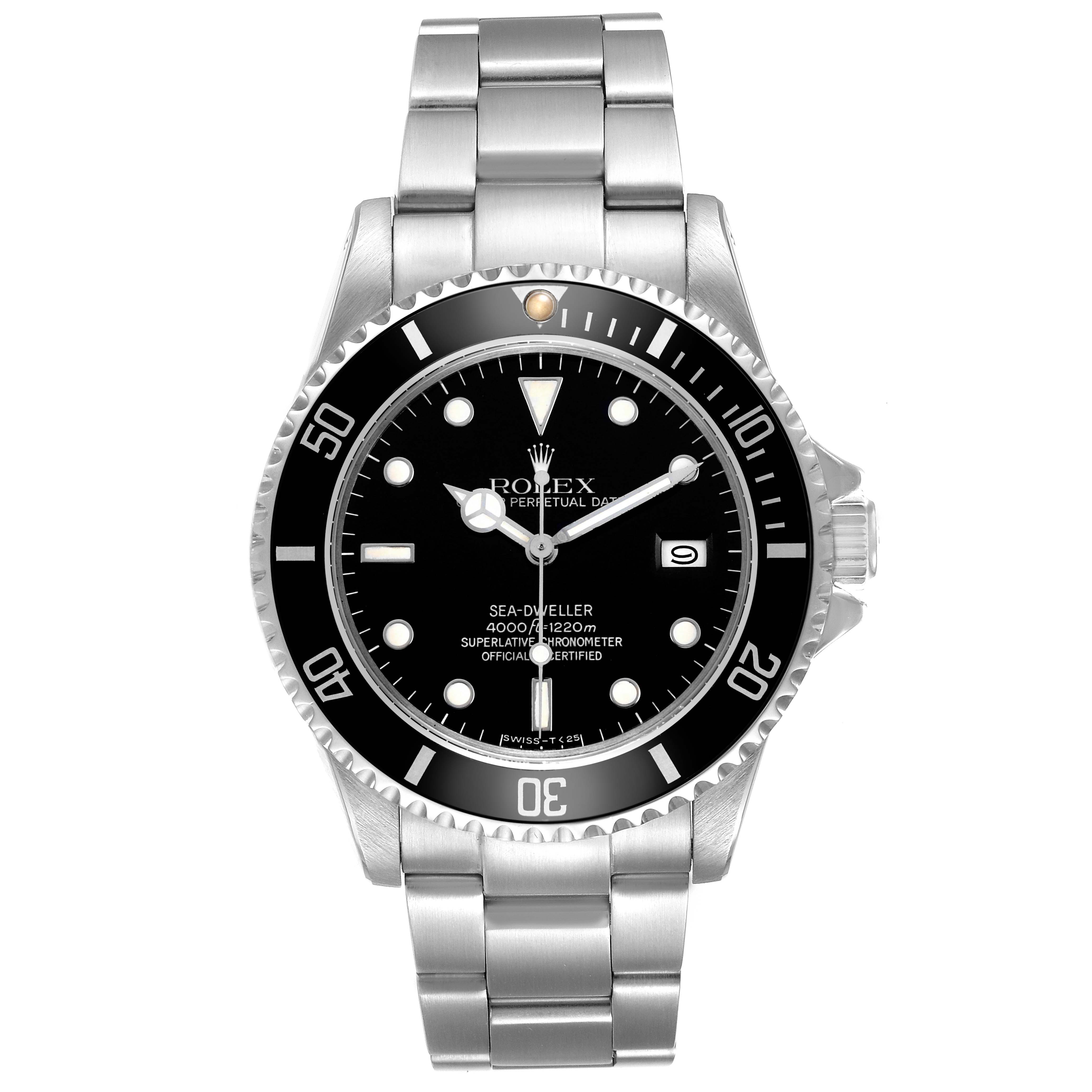 The Rolex Sea-Dweller 16660 Men's Stainless Steel Black Dial watch is shown from the front, displaying the bezel, dial, and bracelet.