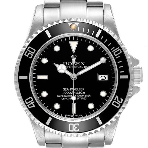 The Rolex Sea-Dweller 16660 Men's Stainless Steel Black Dial watch is shown from a front angle, displaying the face, bezel, and part of the bracelet.
