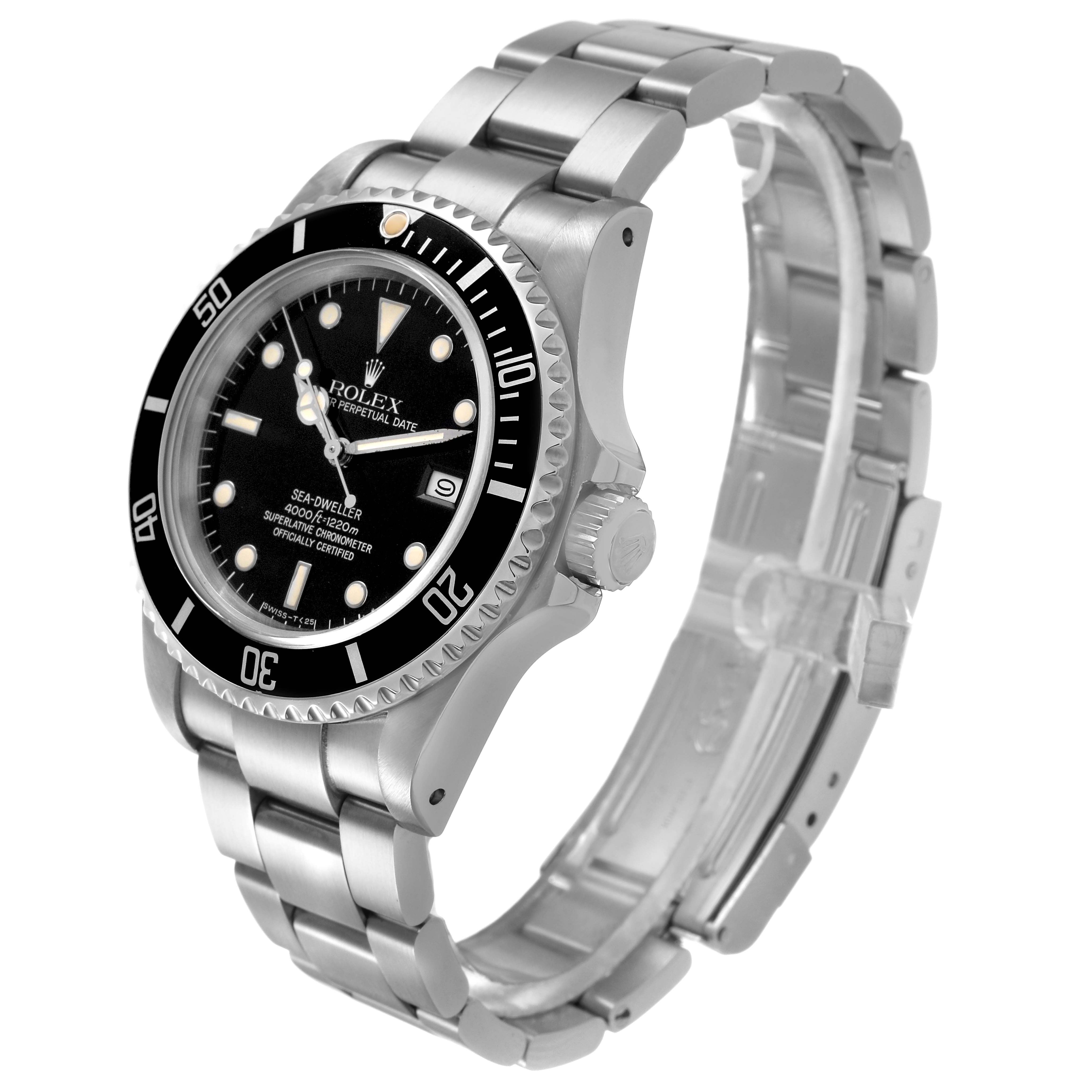 The Rolex Sea-Dweller 16660 Men's Stainless Steel Black Dial watch is shown from a front-right angle, highlighting the bezel, dial, bracelet, and crown.