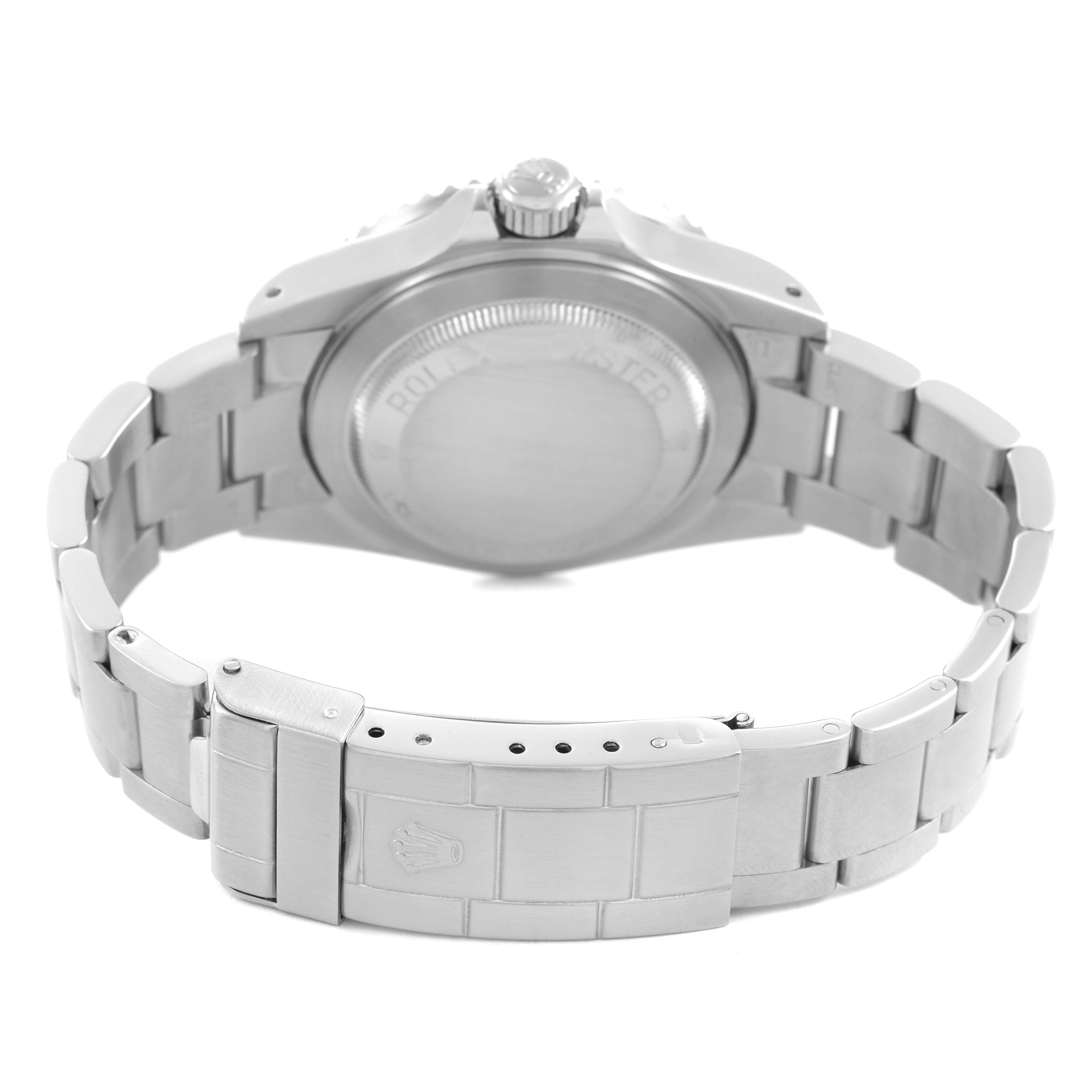The Rolex Sea-Dweller 16660 Men's Stainless Steel Black Dial watch is shown from the back, featuring the case, crown, and metal bracelet with clasp.