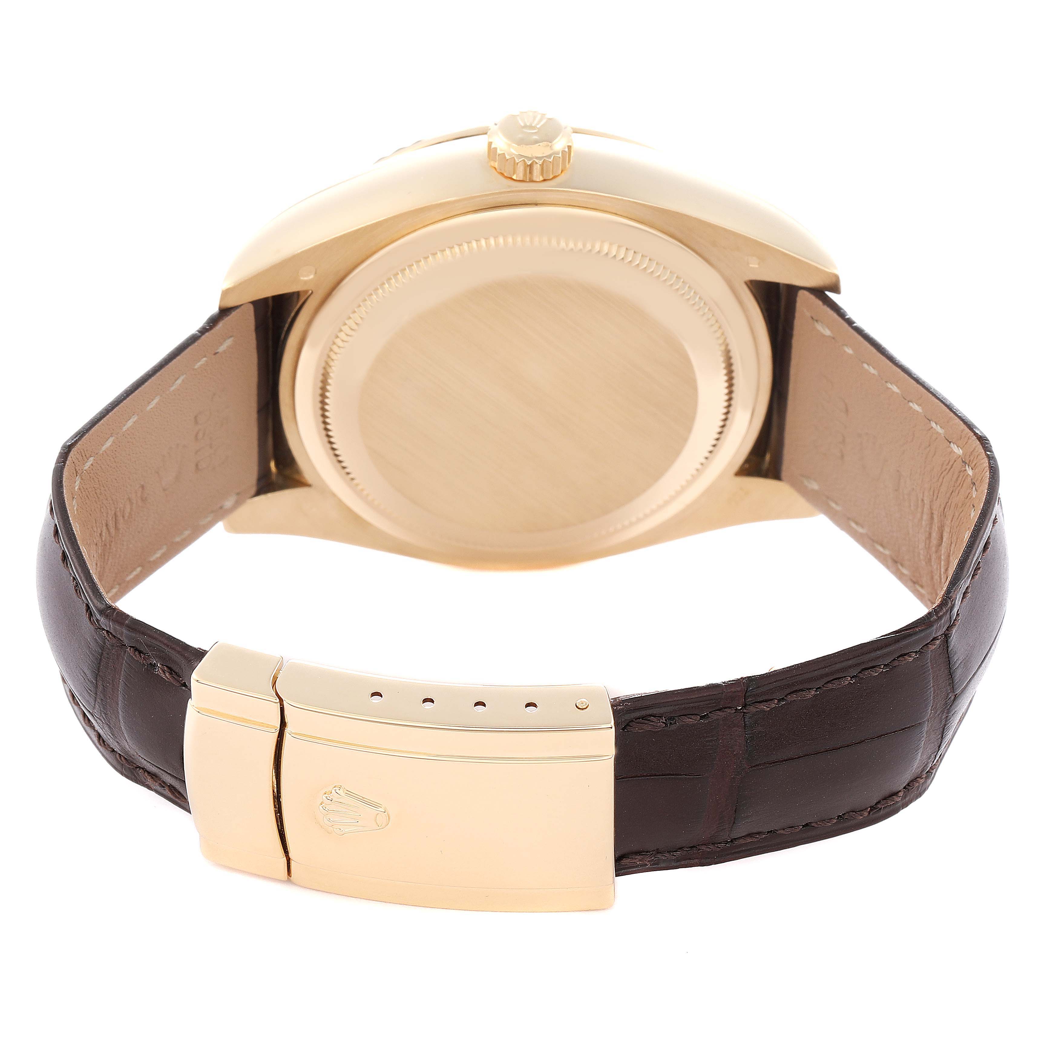 The image shows the back case, crown, and clasp of a Rolex Sky-Dweller model 326138 men
s watch with a leather strap.