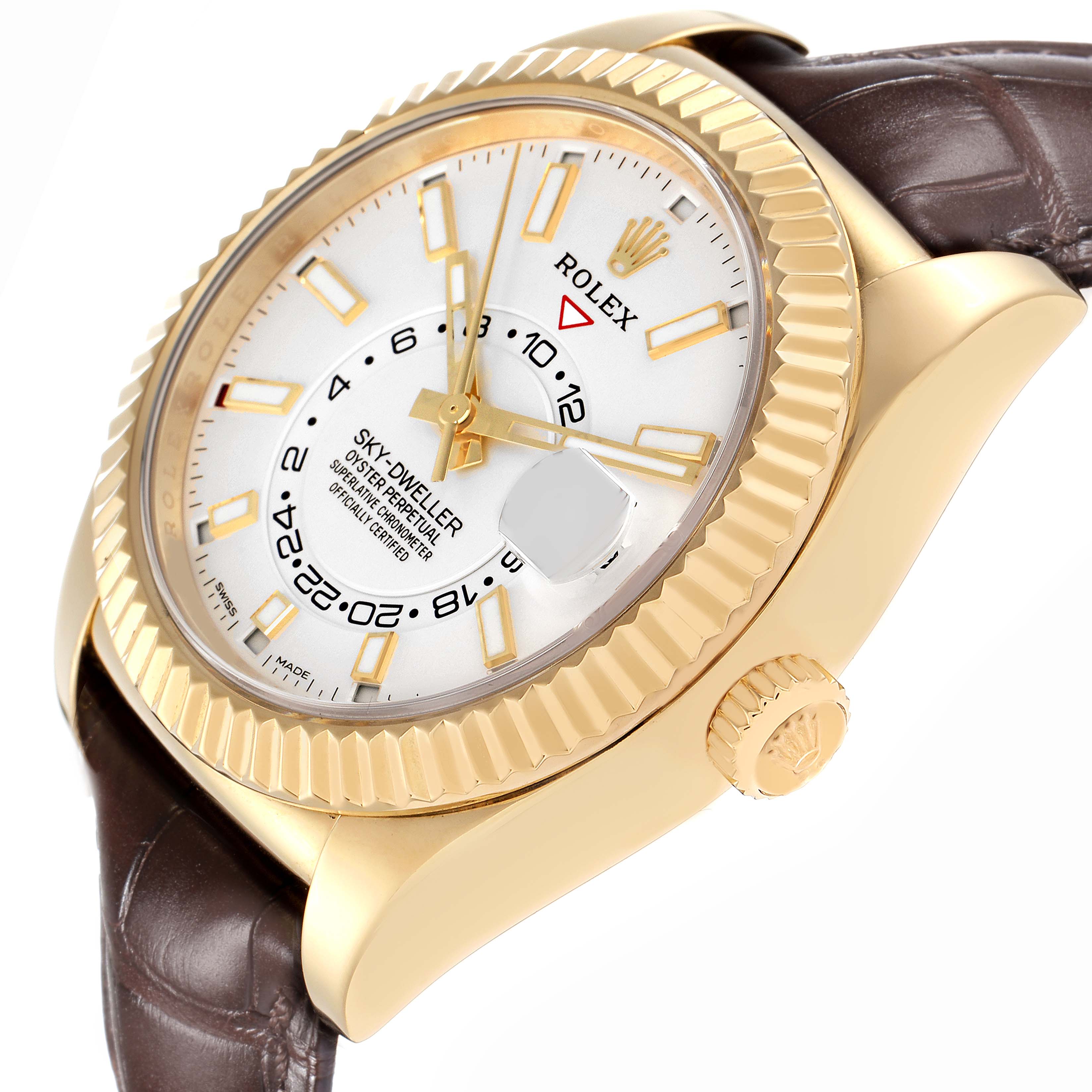 The image shows the Rolex Sky-Dweller model 326138 from a side angle, highlighting the fluted bezel, crown, dial, and leather strap.