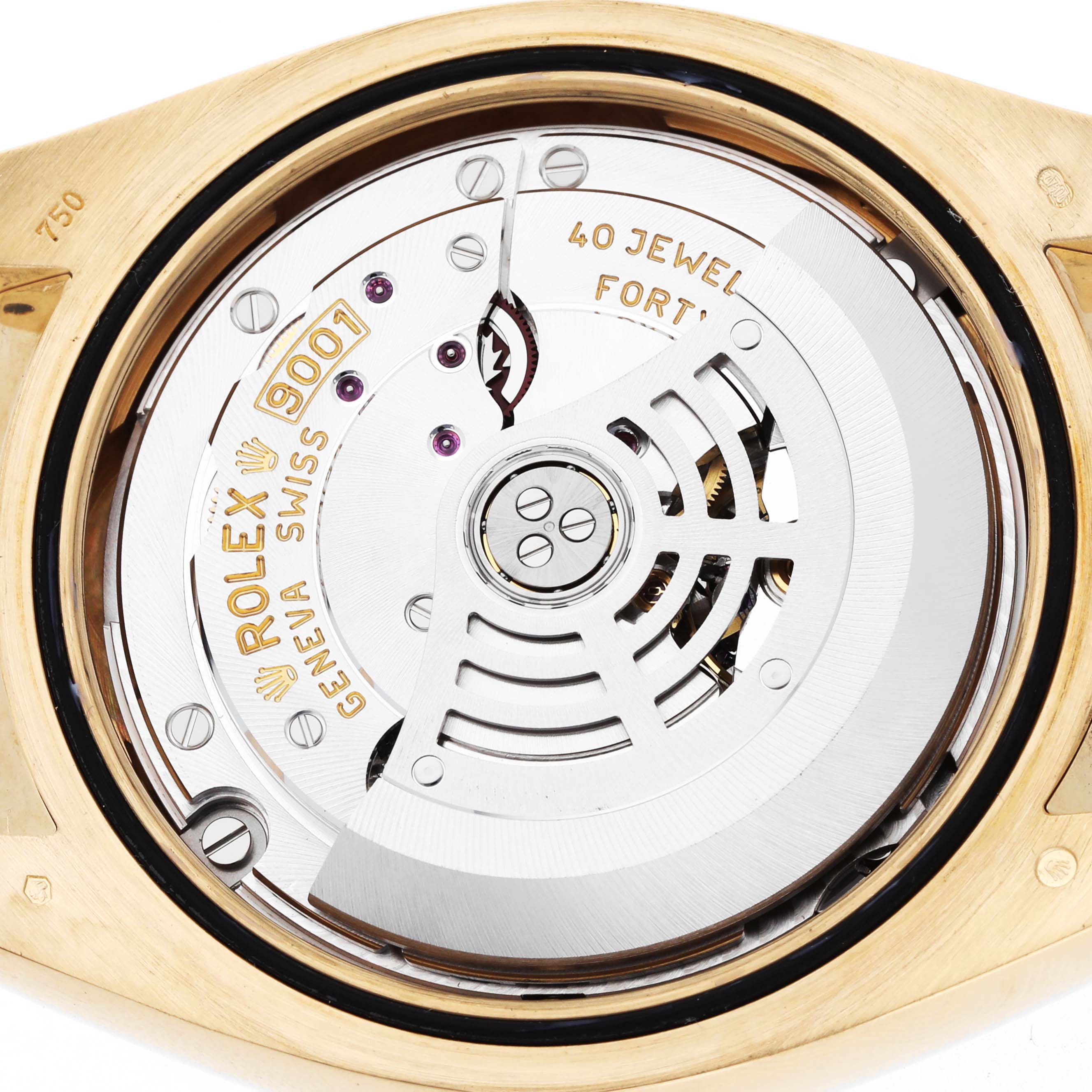 The image shows the back view of the Rolex Sky-Dweller model 326138, highlighting the movement and intricate details like the rotor and 40-jewel inscription.