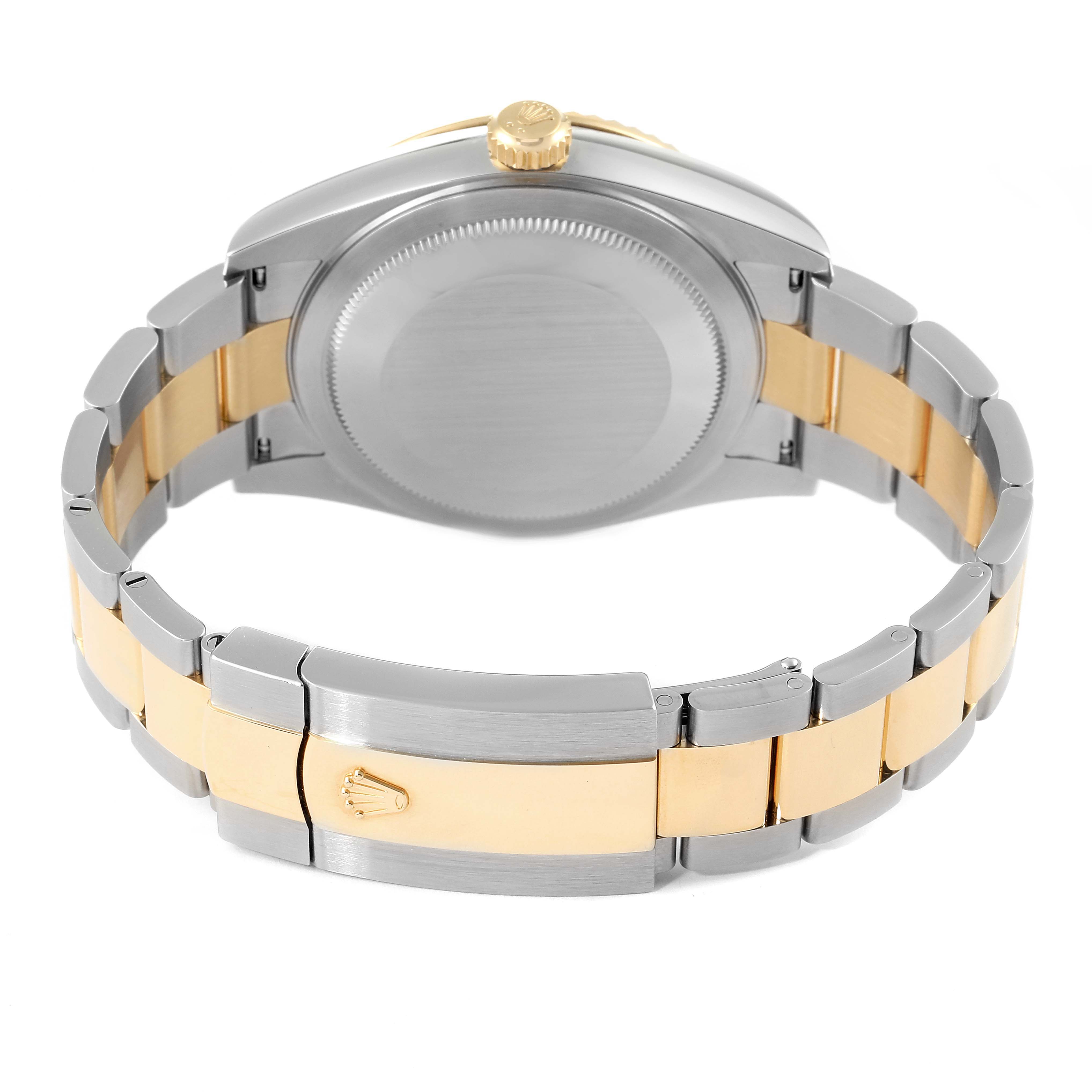 The image shows the back side of a Rolex Sky-Dweller 326933 Men's Steel and Gold (two tone) White Dial 326933 Men's Steel and Gold (two tone) White Dial watch, focusing on the bracelet, clasp, and case back.