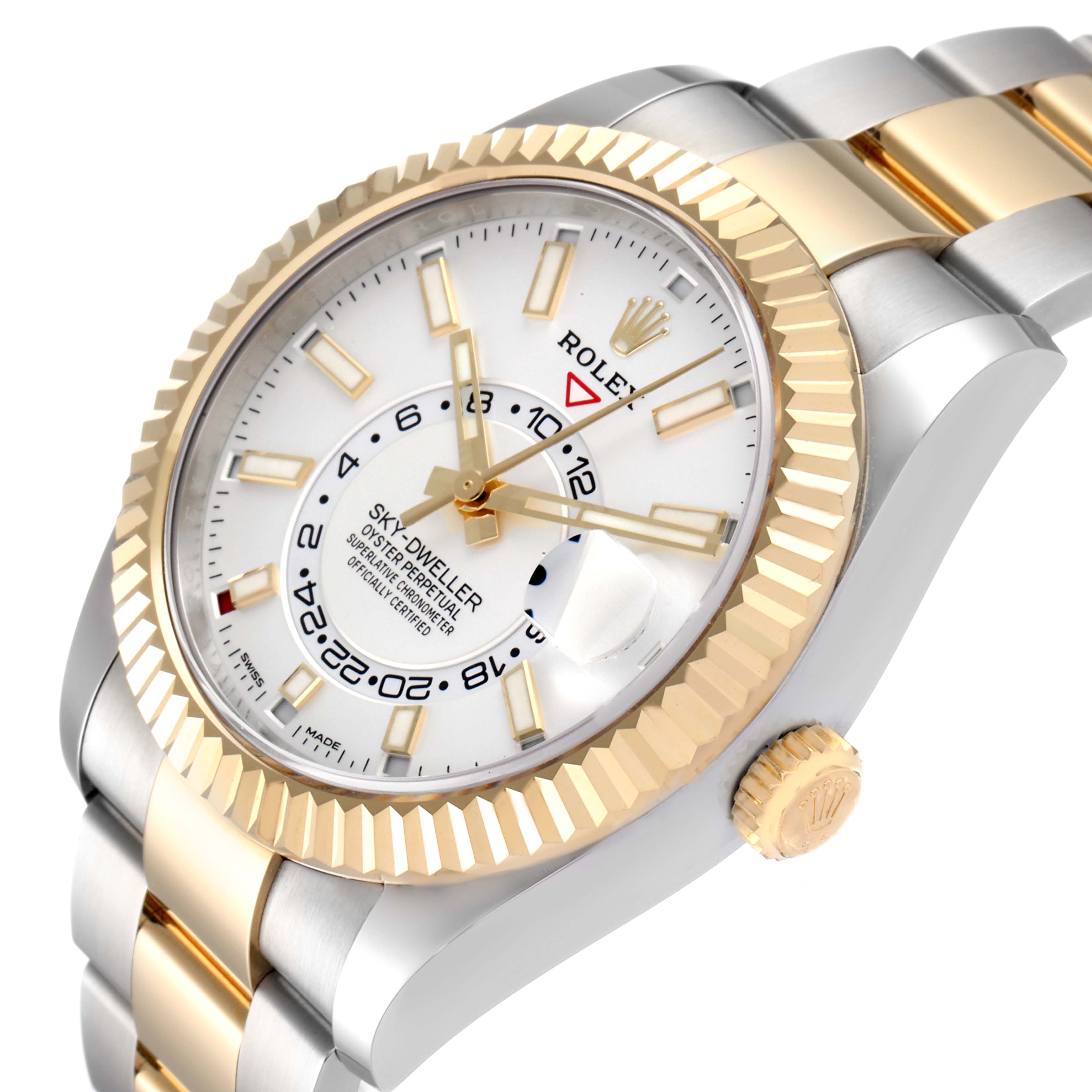 The image shows a Rolex Sky-Dweller 326933 Men's Steel and Gold (two tone) White Dial 326933 Men's Steel and Gold (two tone) White Dial watch at a slight angle, highlighting its bezel, crown, dial, and part of the bracelet.