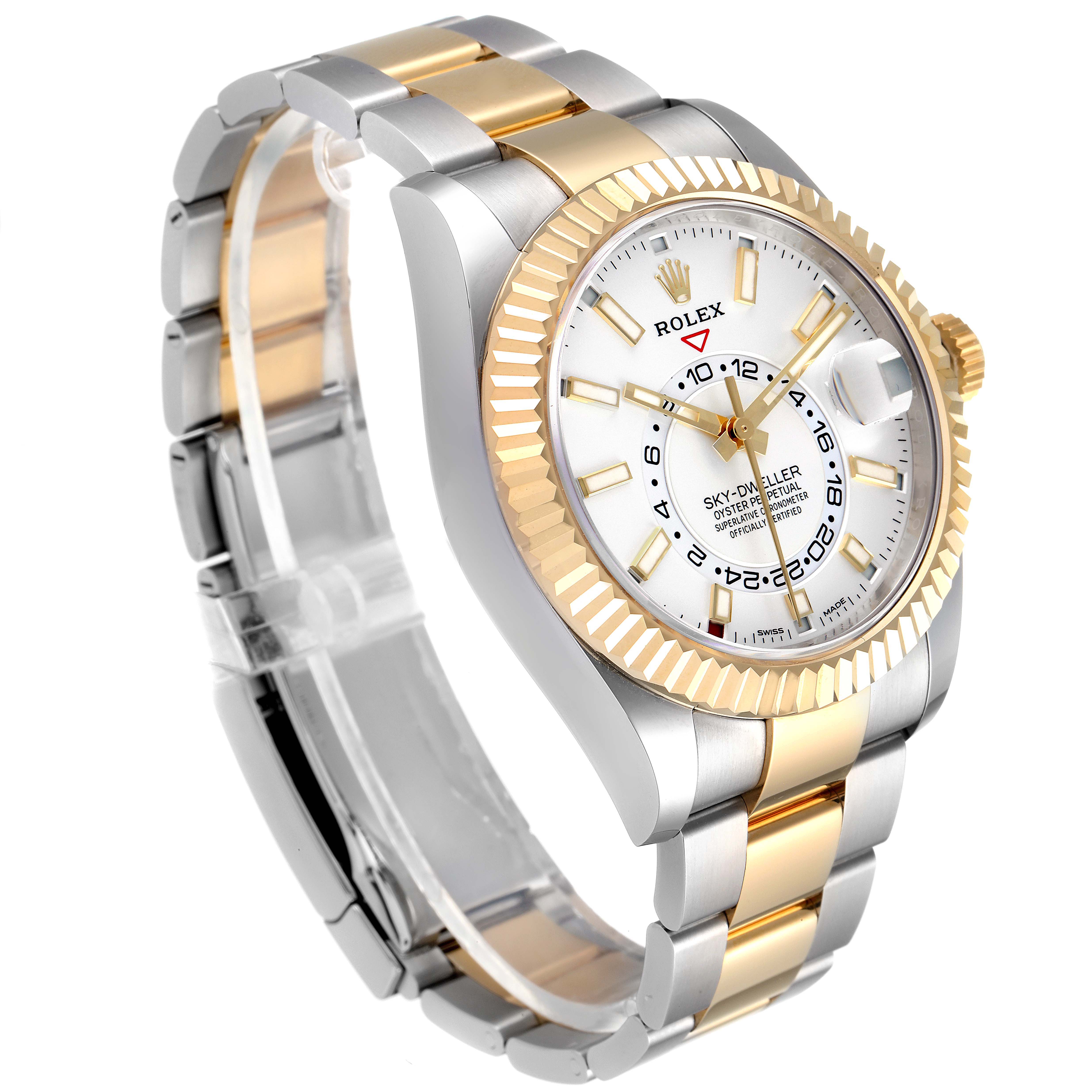The Rolex Sky-Dweller 326933 Men's Steel and Gold (two tone) White Dial 326933 Men's Steel and Gold (two tone) White Dial watch is shown at an angle highlighting the dial, bezel, and two-tone bracelet.