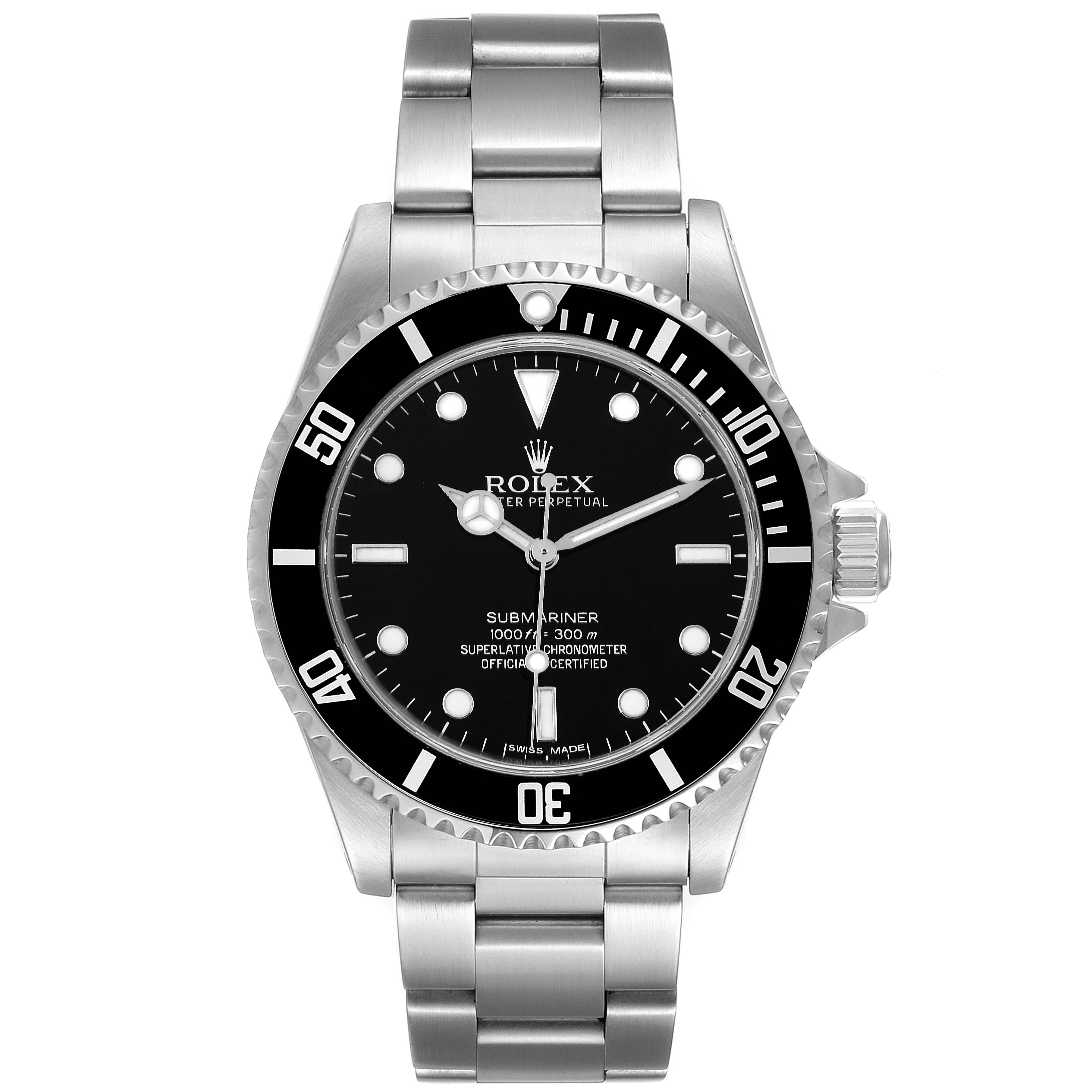 This image shows a front view of a Rolex Submariner 14060 Men
s Stainless Steel Black Dial 14060 Men
s Stainless Steel Black Dial watch, highlighting the dial, bezel, and bracelet.