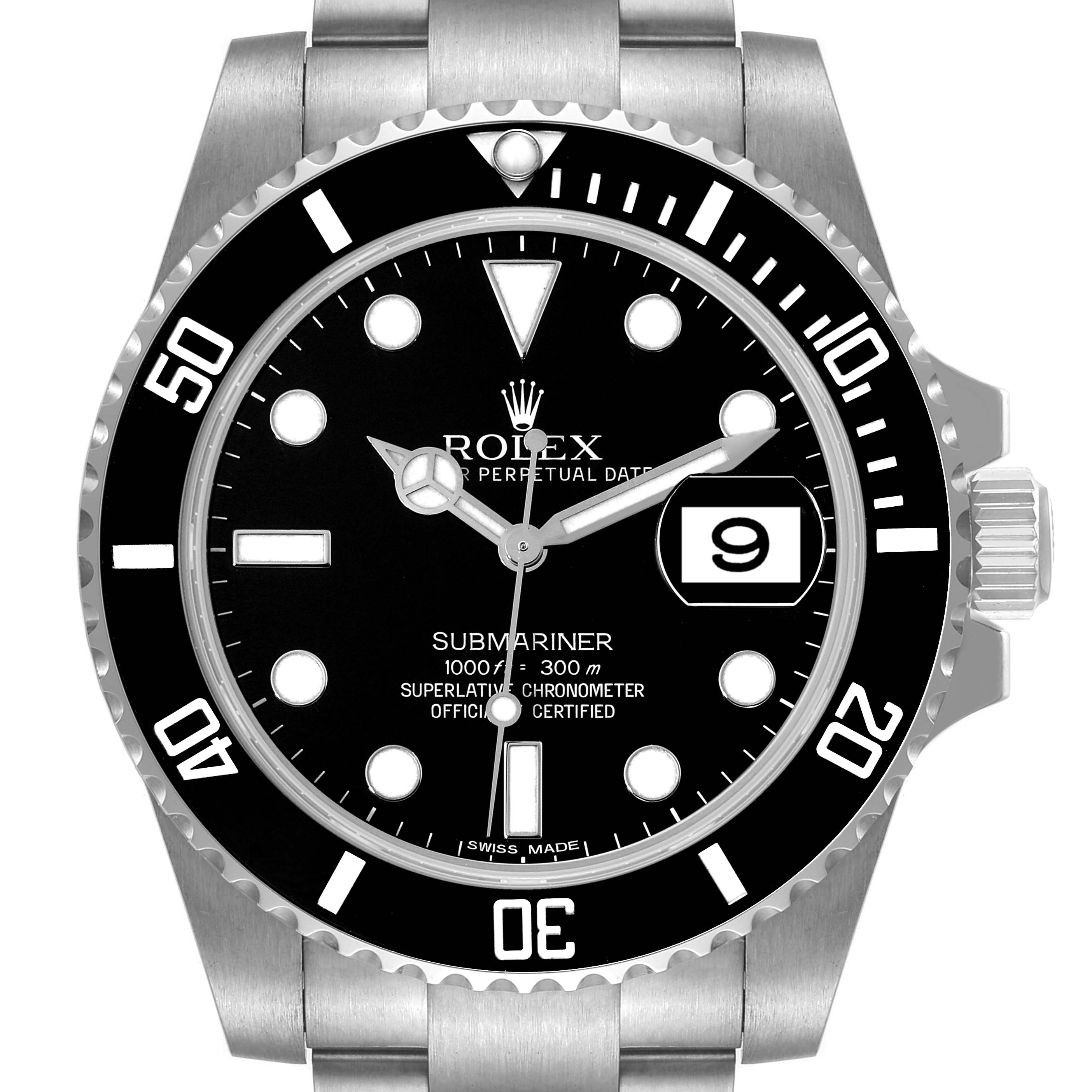 The image shows a Rolex Submariner 116610 Men
s Stainless Steel Black Dial 116610 Men
s Stainless Steel Black Dial watch from a top-down angle, highlighting its dial, bezel, and part of the bracelet.