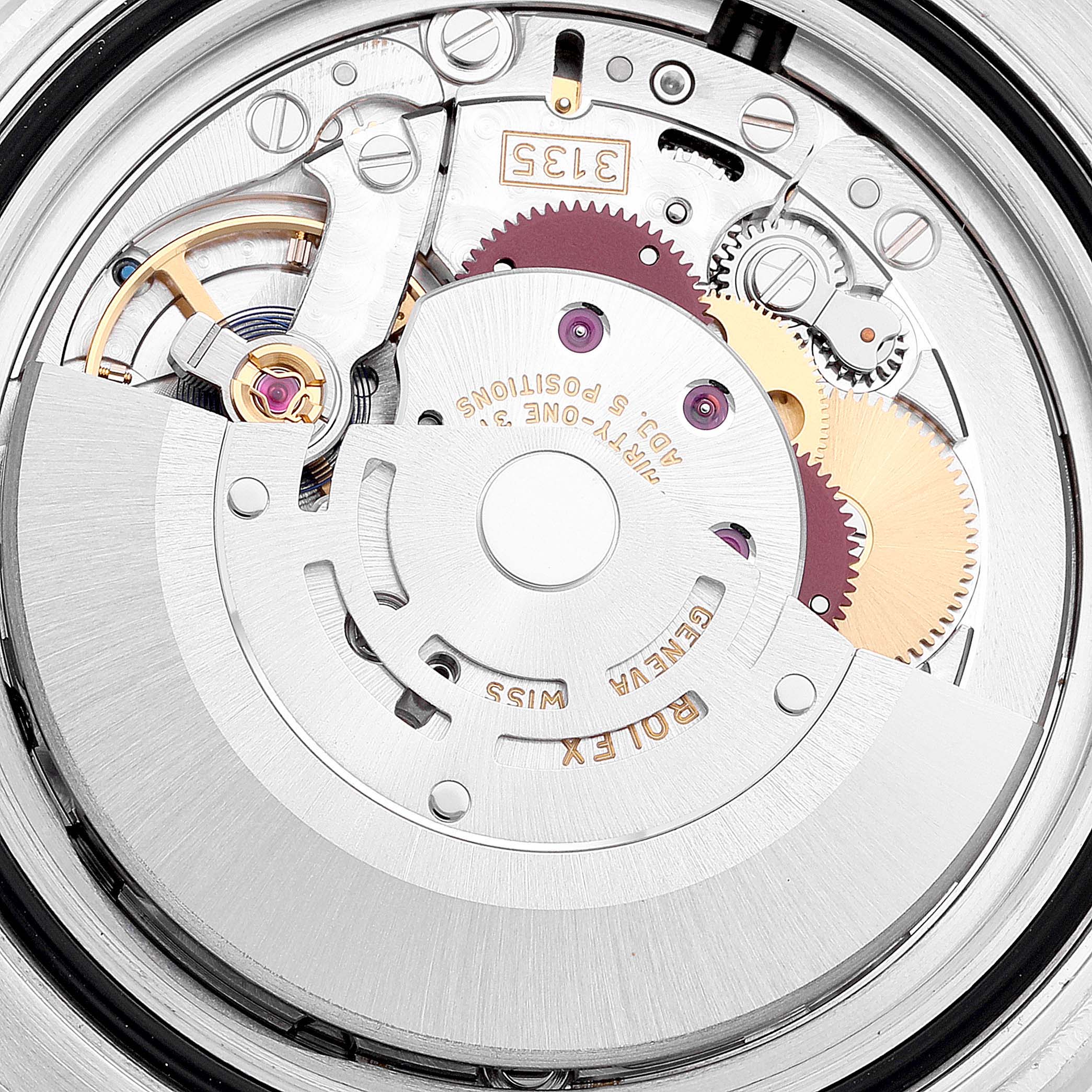 The image shows the intricate internal movement mechanism of a Rolex Submariner 116610 Men
s Stainless Steel Black Dial 116610 Men
s Stainless Steel Black Dial watch from a close-up, top-down angle.