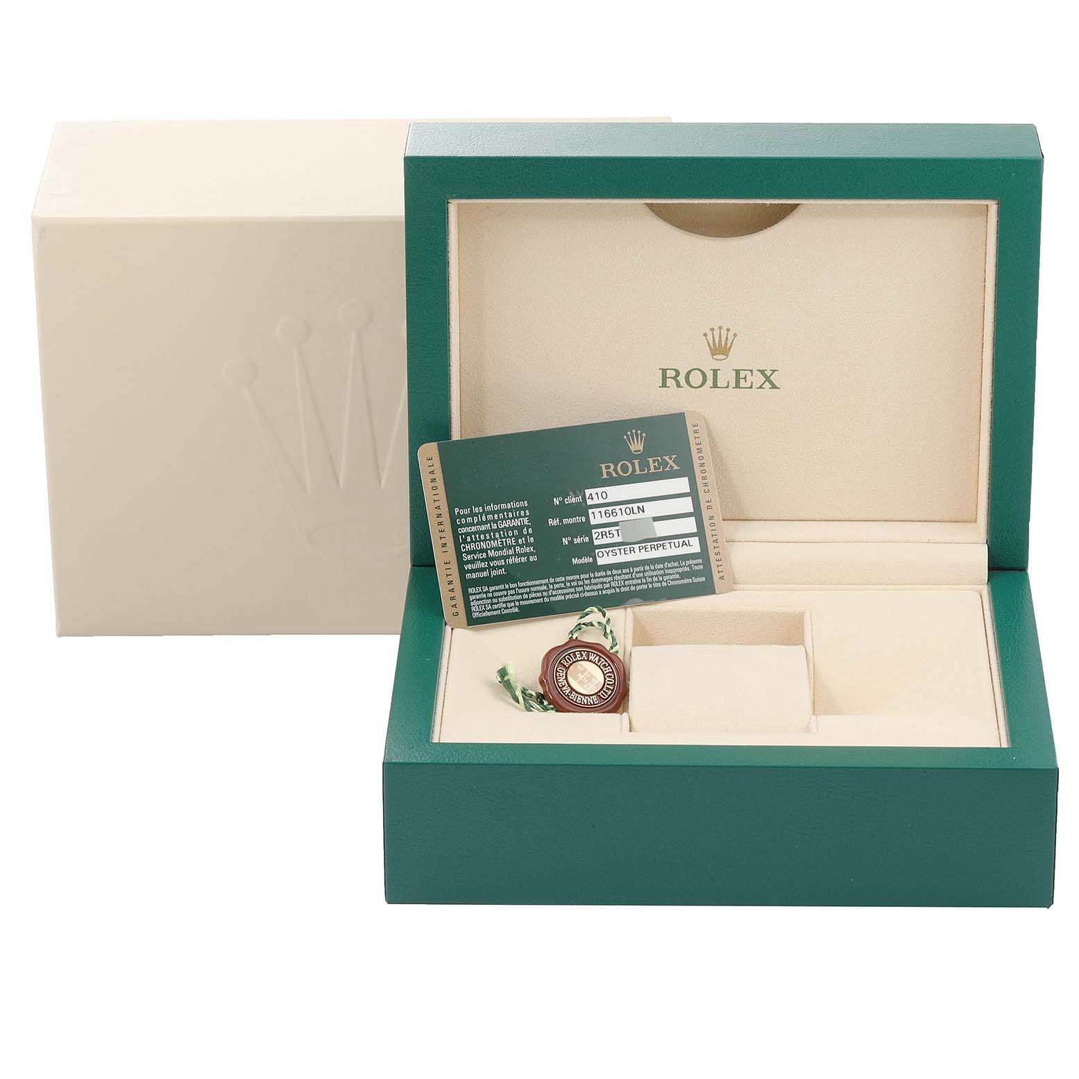 This image shows a Rolex Submariner 116610 Men
s Stainless Steel Black Dial 116610 Men
s Stainless Steel Black Dial box including a warranty card and a brand tag, taken from a front angle.
