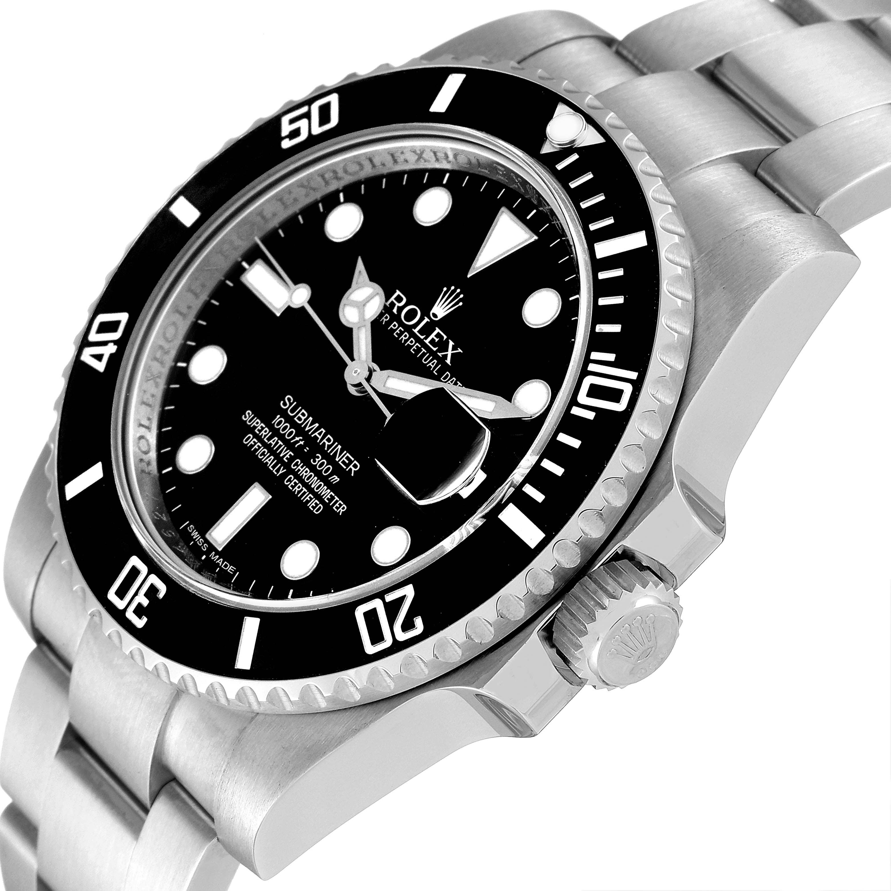 This image shows a close-up, angled view of the Rolex Submariner 116610 Men
s Stainless Steel Black Dial 116610 Men
s Stainless Steel Black Dial
s face, bezel, crown, and part of the bracelet.