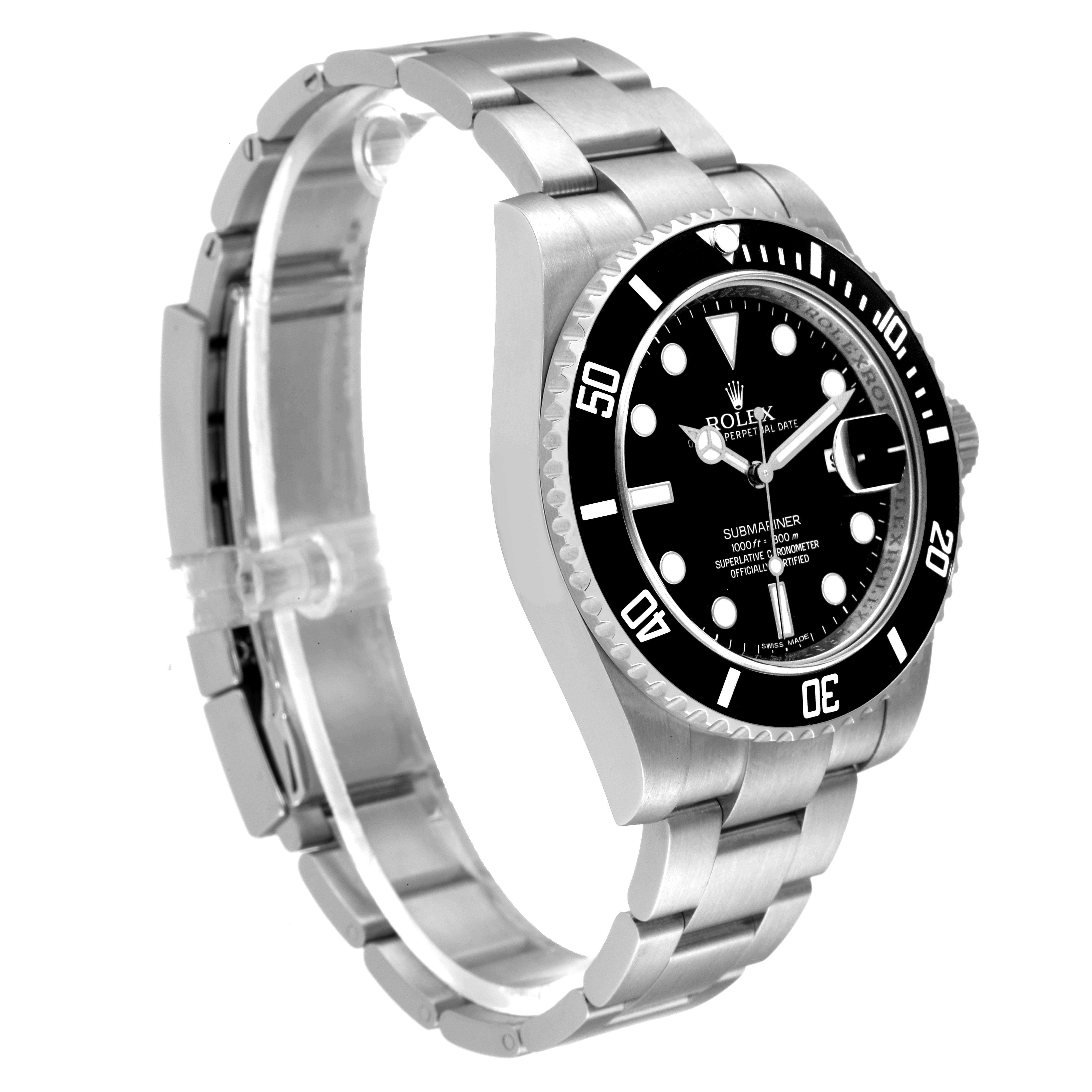 This image shows a Rolex Submariner 116610 Men
s Stainless Steel Black Dial 116610 Men
s Stainless Steel Black Dial watch at an angled view, highlighting the dial, bezel, bracelet, and crown.