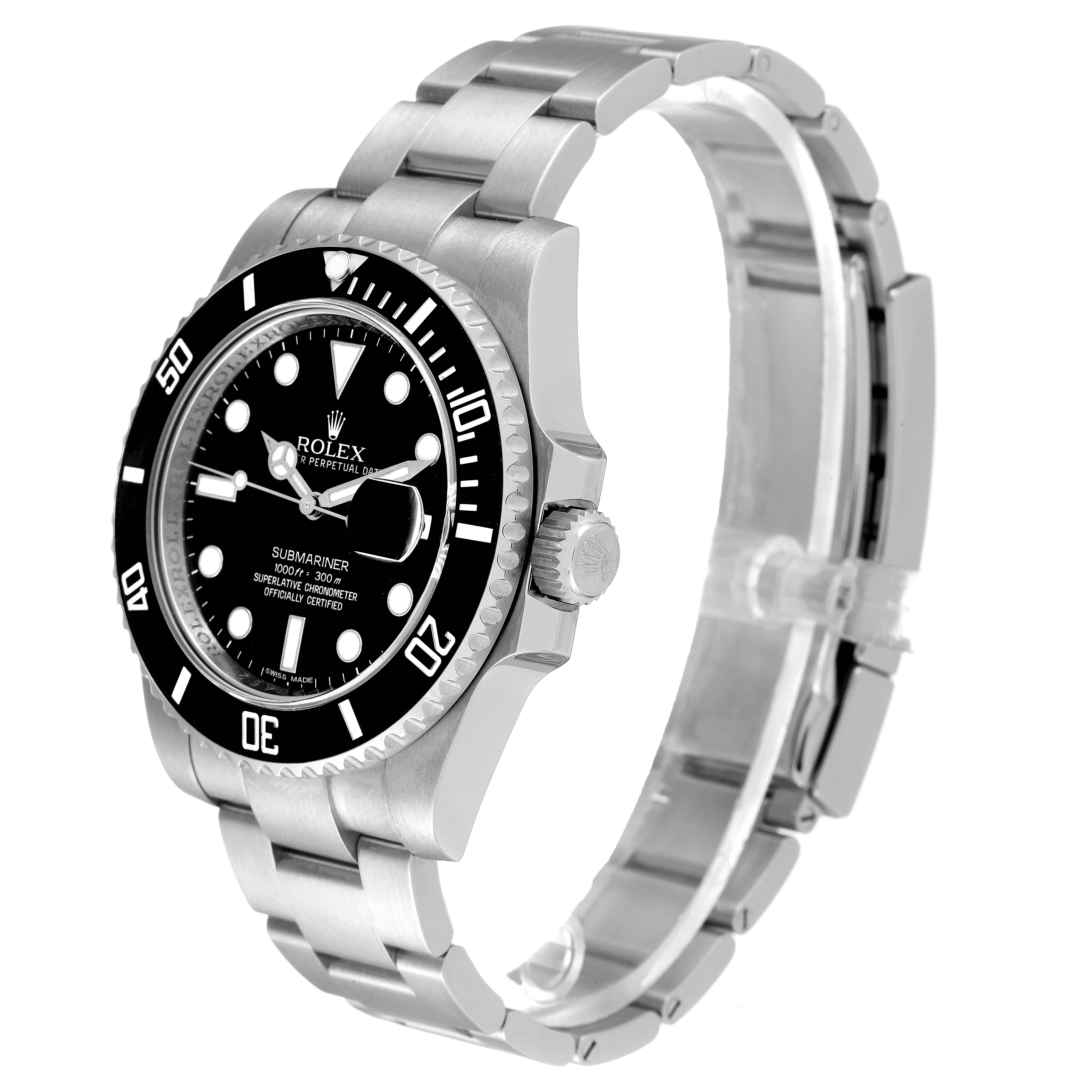 This image shows a side angle of the Submariner model watch by Rolex, highlighting its stainless steel bracelet, bezel, and crown.