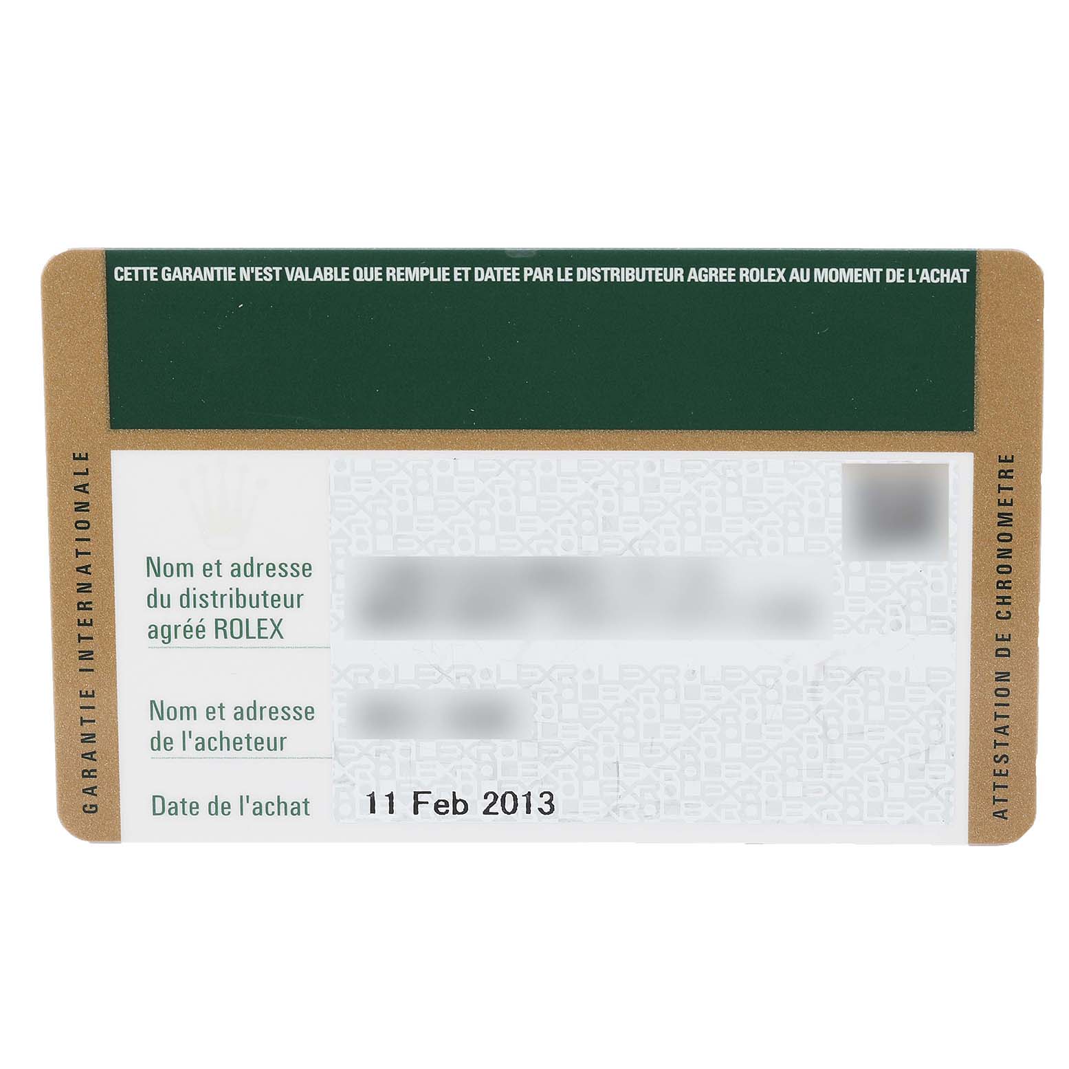 This is the international guarantee card for the Rolex Submariner 116610 Men
s Stainless Steel Black Dial 116610 Men
s Stainless Steel Black Dial model, showcasing purchase date, distributor, and buyer details.