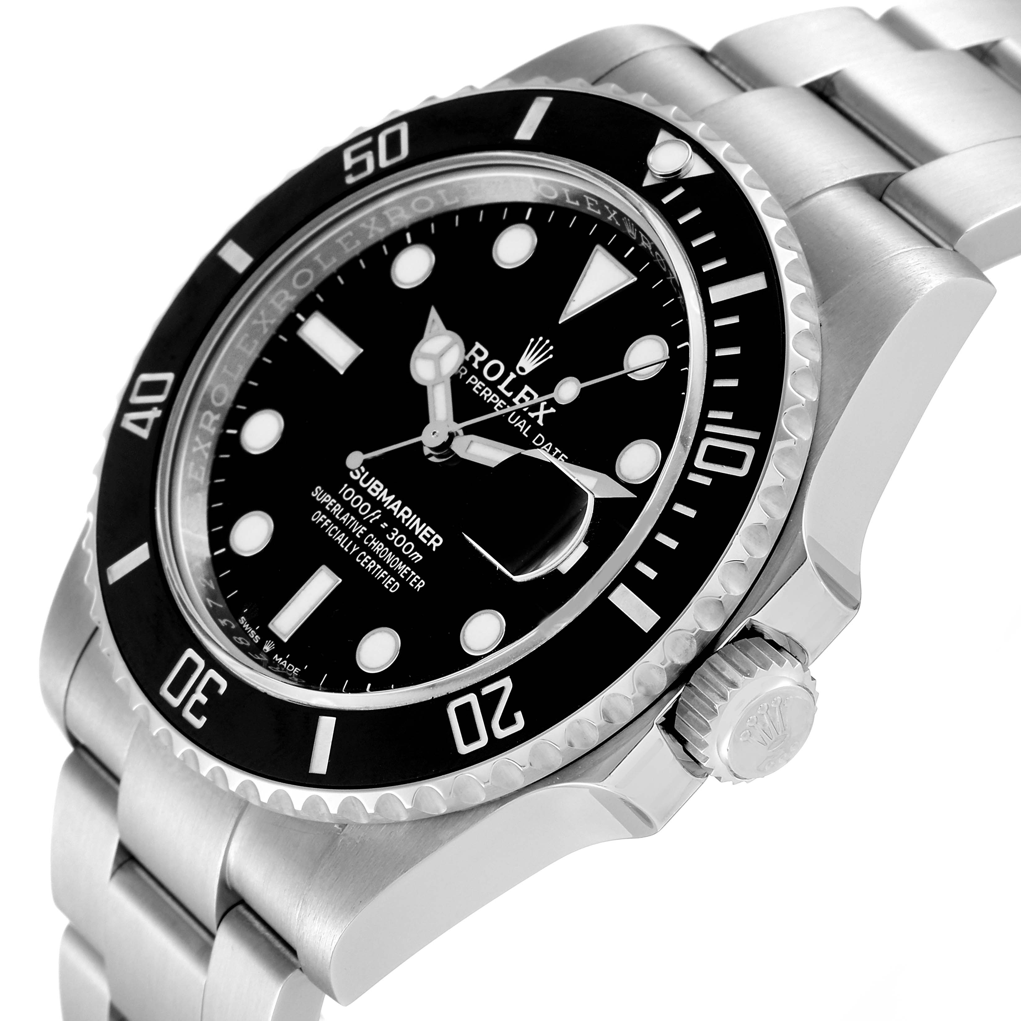 This image shows a close-up angle of the Rolex Submariner 126610 Men
s Stainless Steel Black Dial 126610 Men
s Stainless Steel Black Dial watch, highlighting the bezel, dial, crown, and part of the bracelet.