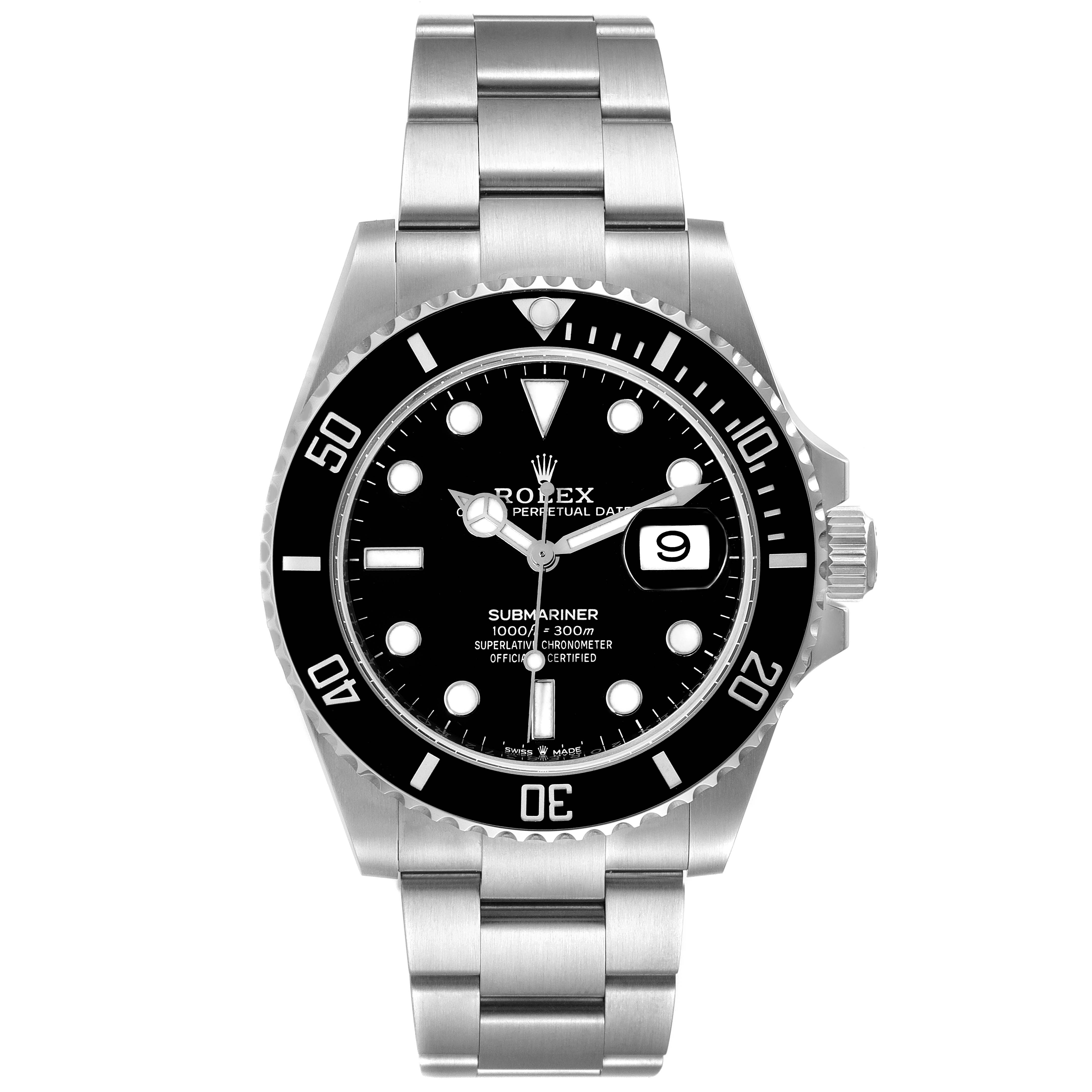 The image shows a front view of the Rolex Submariner 126610 Men
s Stainless Steel Black Dial 126610 Men
s Stainless Steel Black Dial watch, displaying its face, bezel, bracelet, and crown.