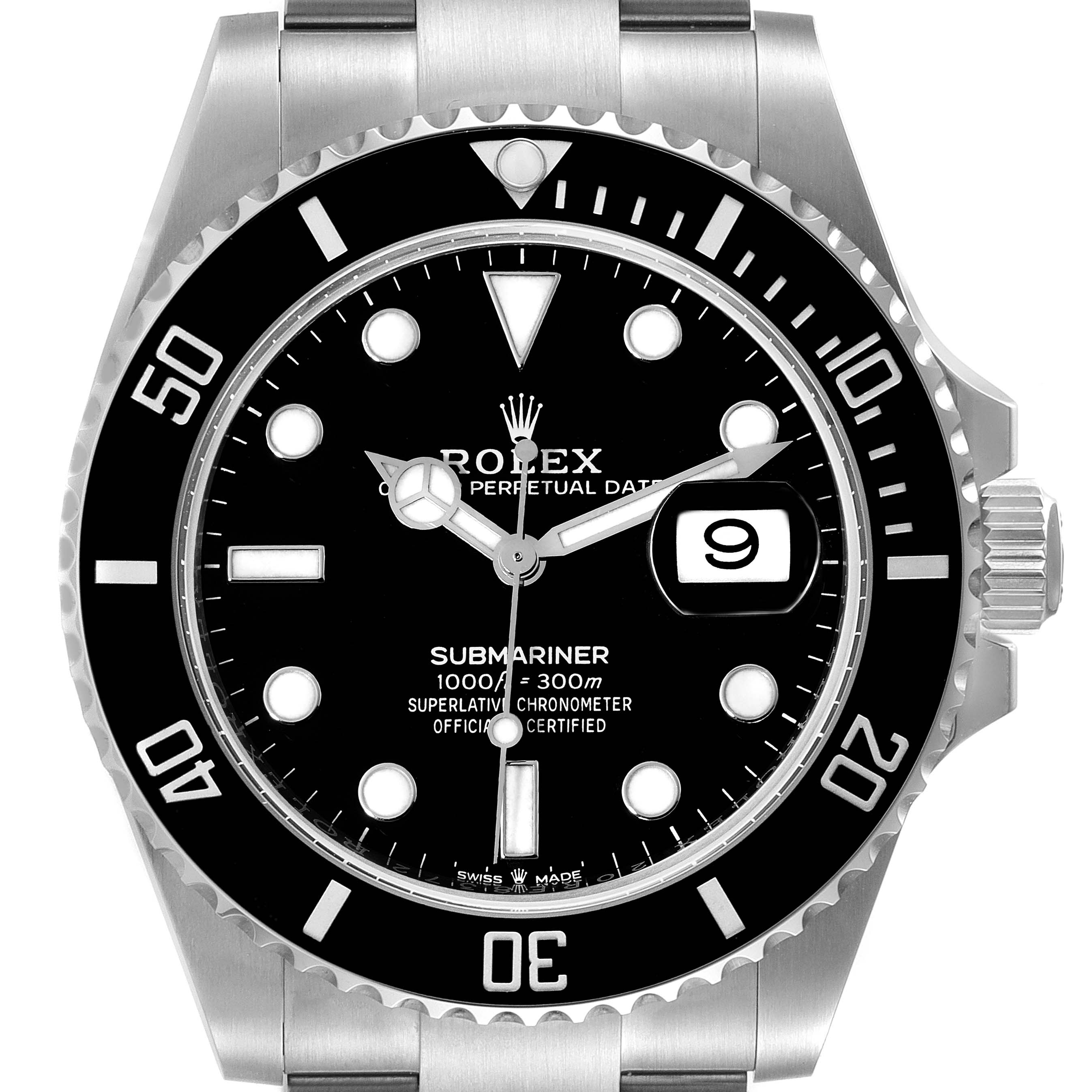 This image shows the front view of a Rolex Submariner 126610 Men
s Stainless Steel Black Dial 126610 Men
s Stainless Steel Black Dial watch, displaying the dial, hands, bezel, and part of the bracelet.