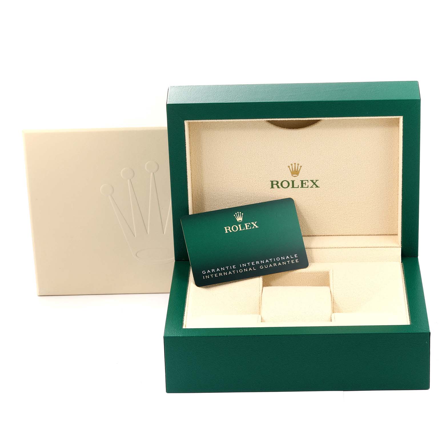 The image displays an open green Rolex Submariner 126610 Men
s Stainless Steel Black Dial 126610 Men
s Stainless Steel Black Dial watch box with an international guarantee card.