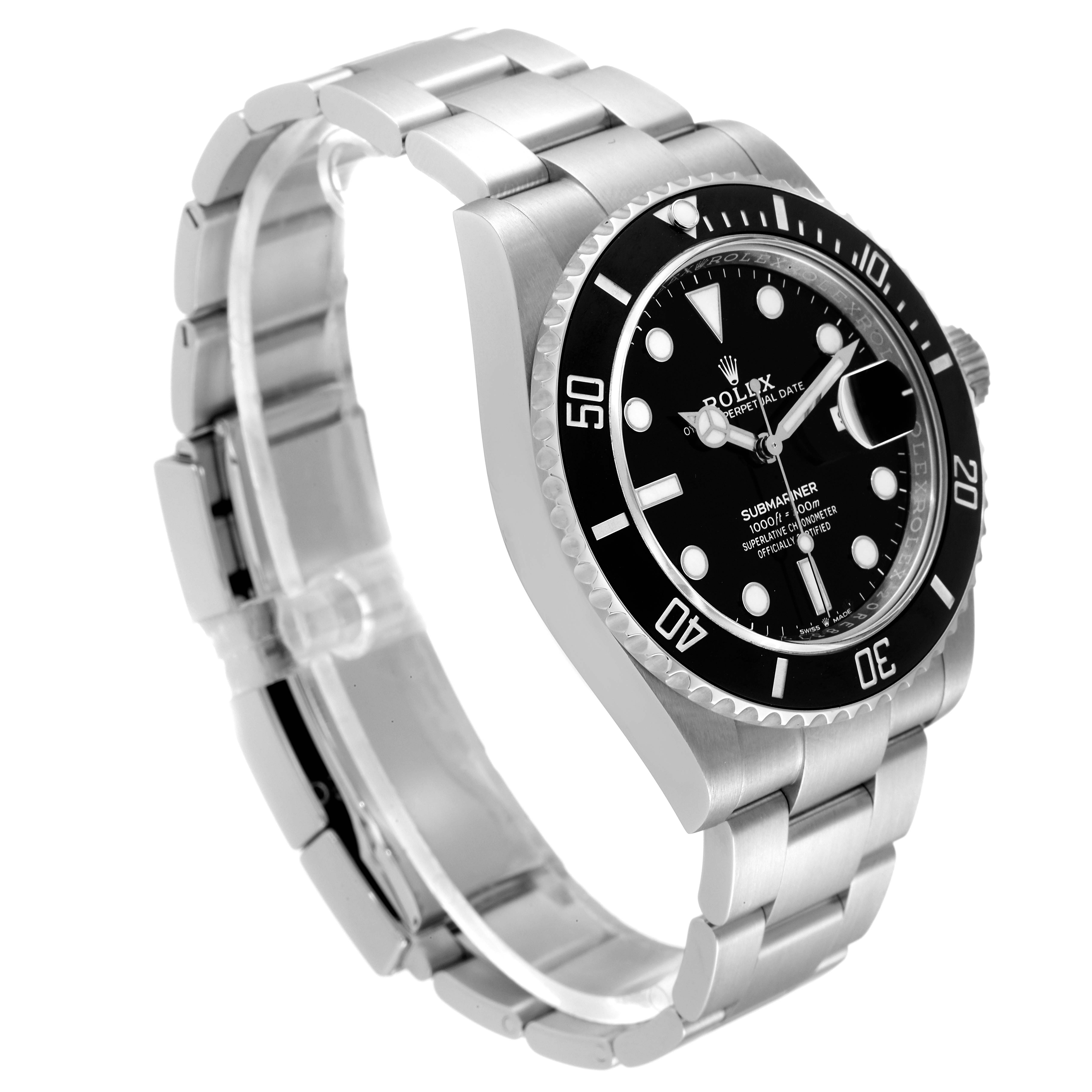 The image shows a side and angled view of the Rolex Submariner 126610 Men
s Stainless Steel Black Dial 126610 Men
s Stainless Steel Black Dial watch detailing its bezel, dial, and stainless steel bracelet.