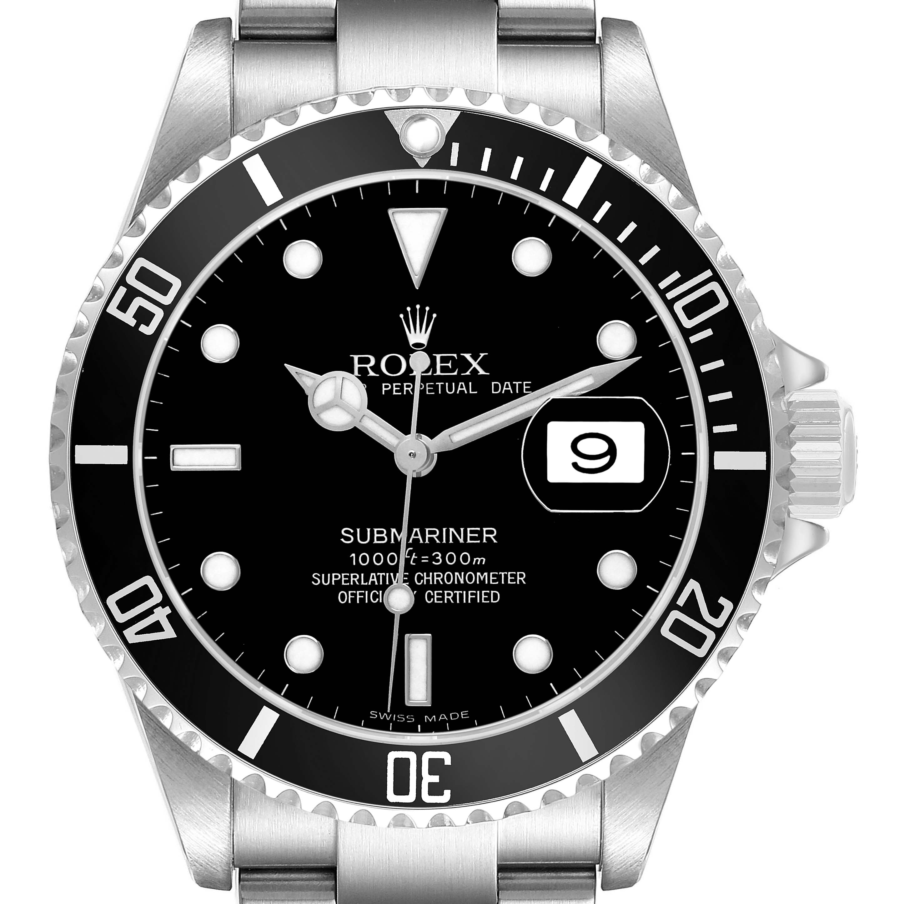 The Rolex Submariner 16610 Men's Stainless Steel Black Dial watch is shown from a front view, highlighting its dial, bezel, crown, and bracelet.