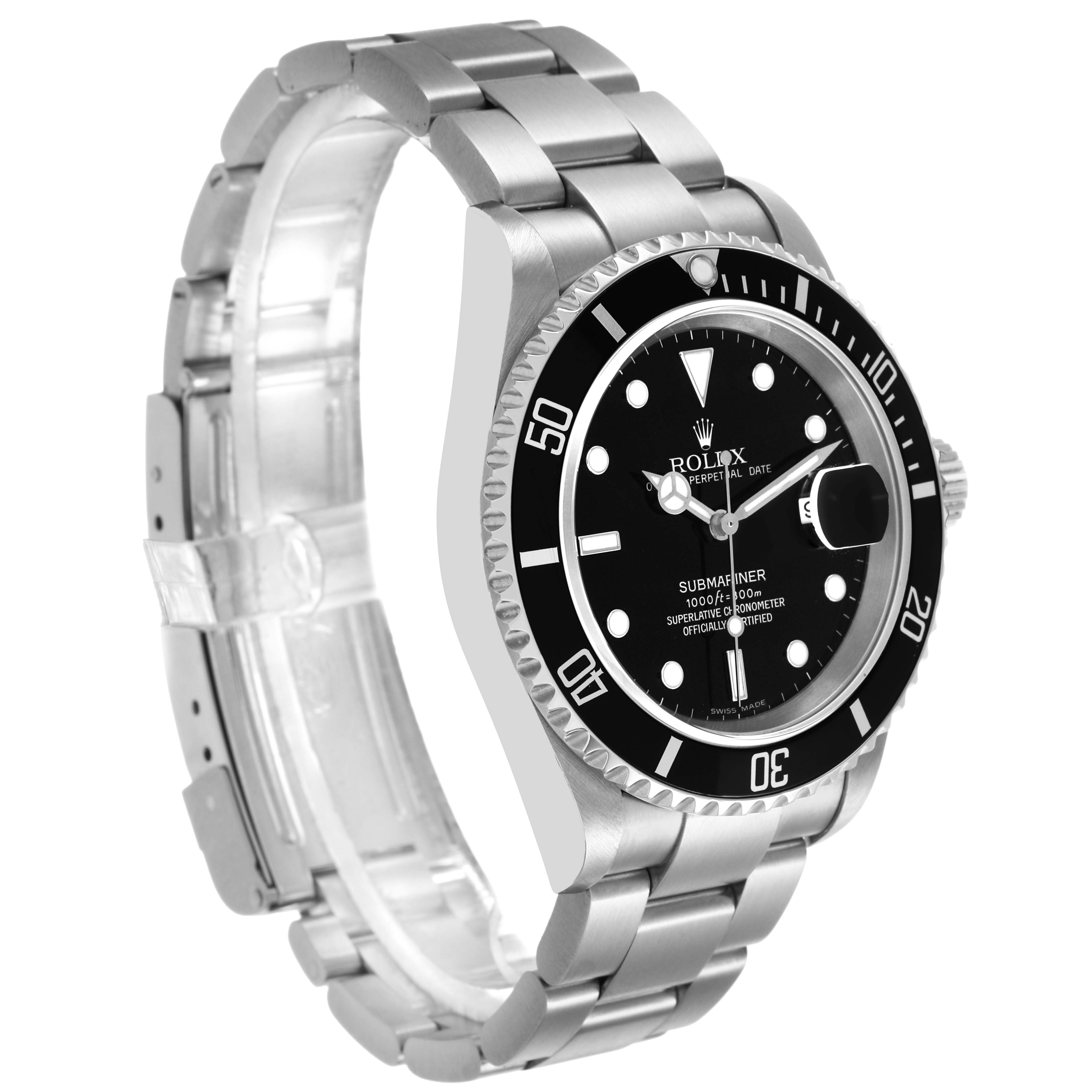 The Rolex Submariner 16610 Men's Stainless Steel Black Dial is shown at an angled side view displaying the face, bezel, crown, and part of the bracelet.