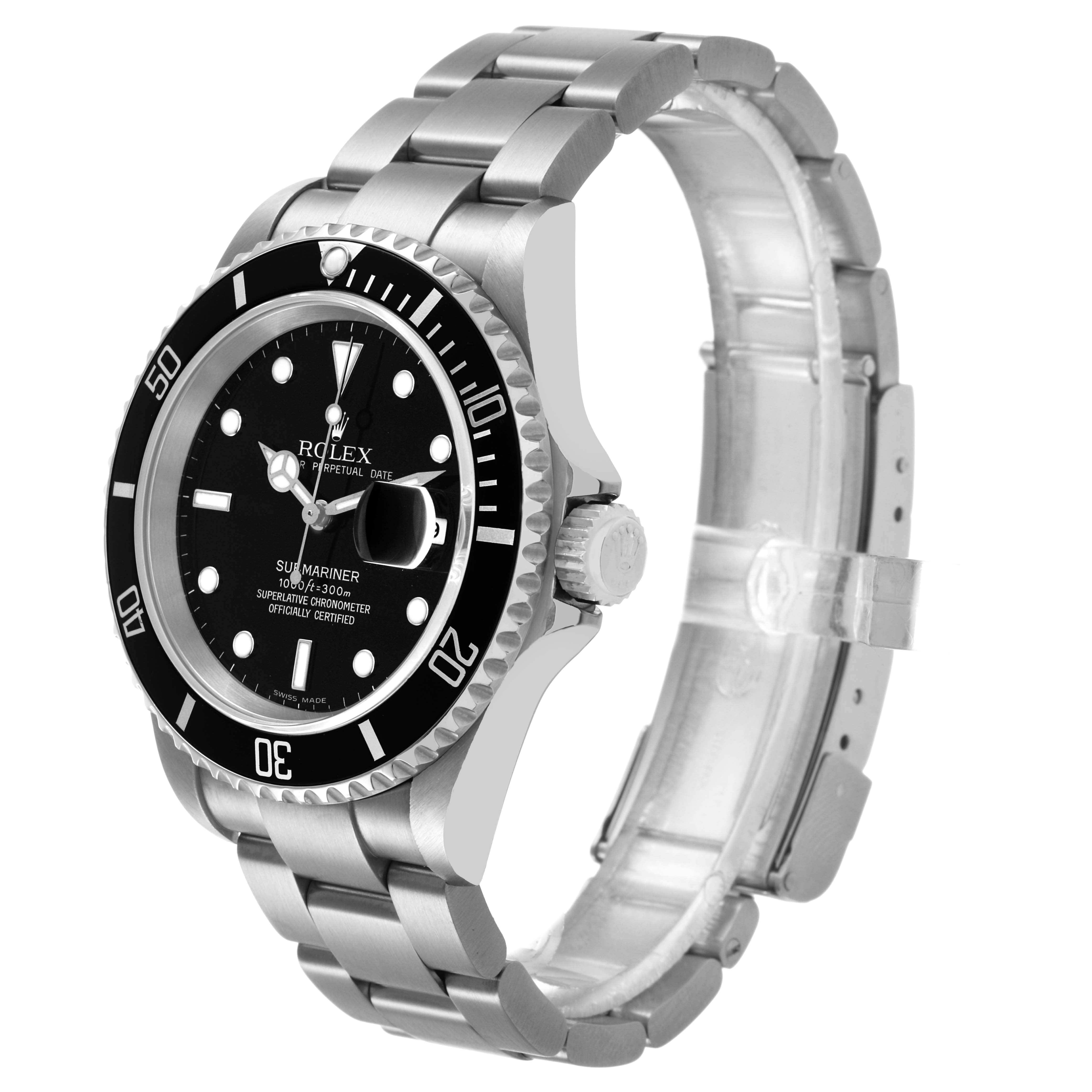 The Rolex Submariner 16610 Men's Stainless Steel Black Dial watch is shown at a side angle, highlighting the face, bezel, crown, and bracelet.