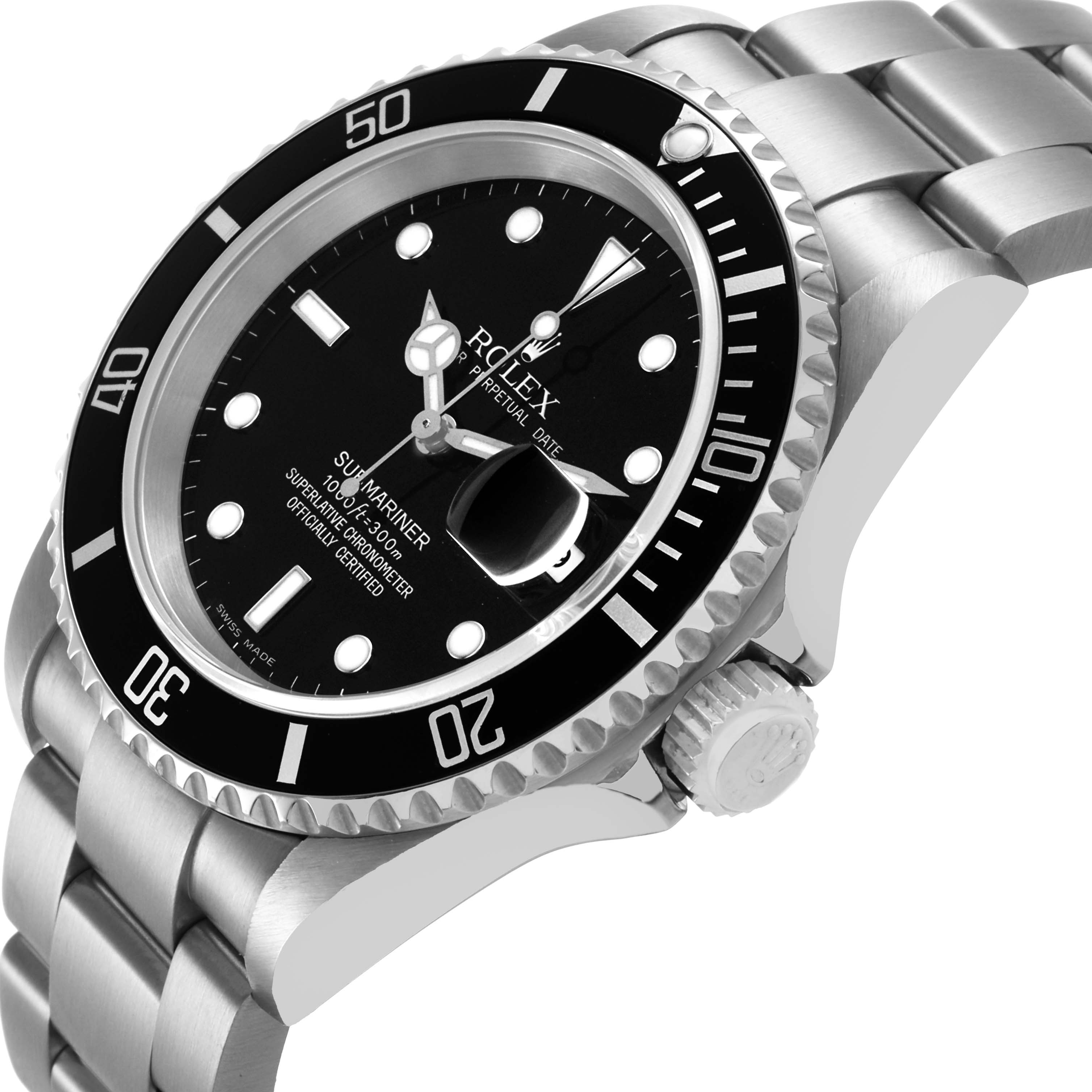 The Rolex Submariner 16610 Men's Stainless Steel Black Dial watch is shown from a side angle, highlighting the bezel, dial, crown, and bracelet.