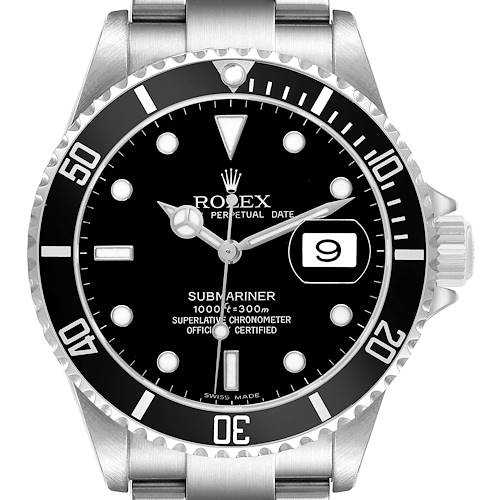 The image shows a front view of the Rolex Submariner 16610 Men's Stainless Steel Black Dial watch, highlighting its black dial, bezel, crown, and bracelet.