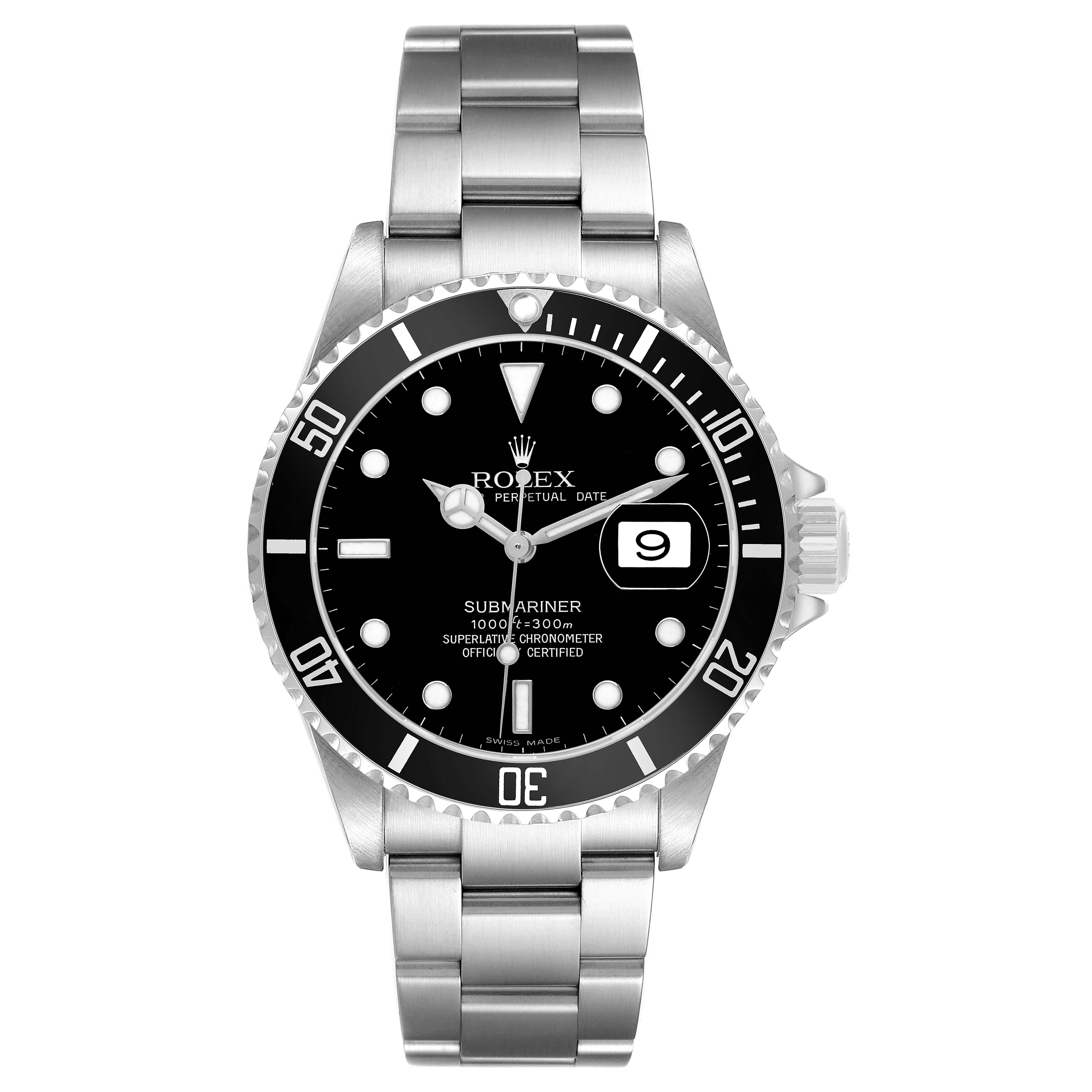 The Rolex Submariner 16610 Men's Stainless Steel Black Dial watch is shown from a front angle, highlighting the dial, bezel, bracelet, and crown.