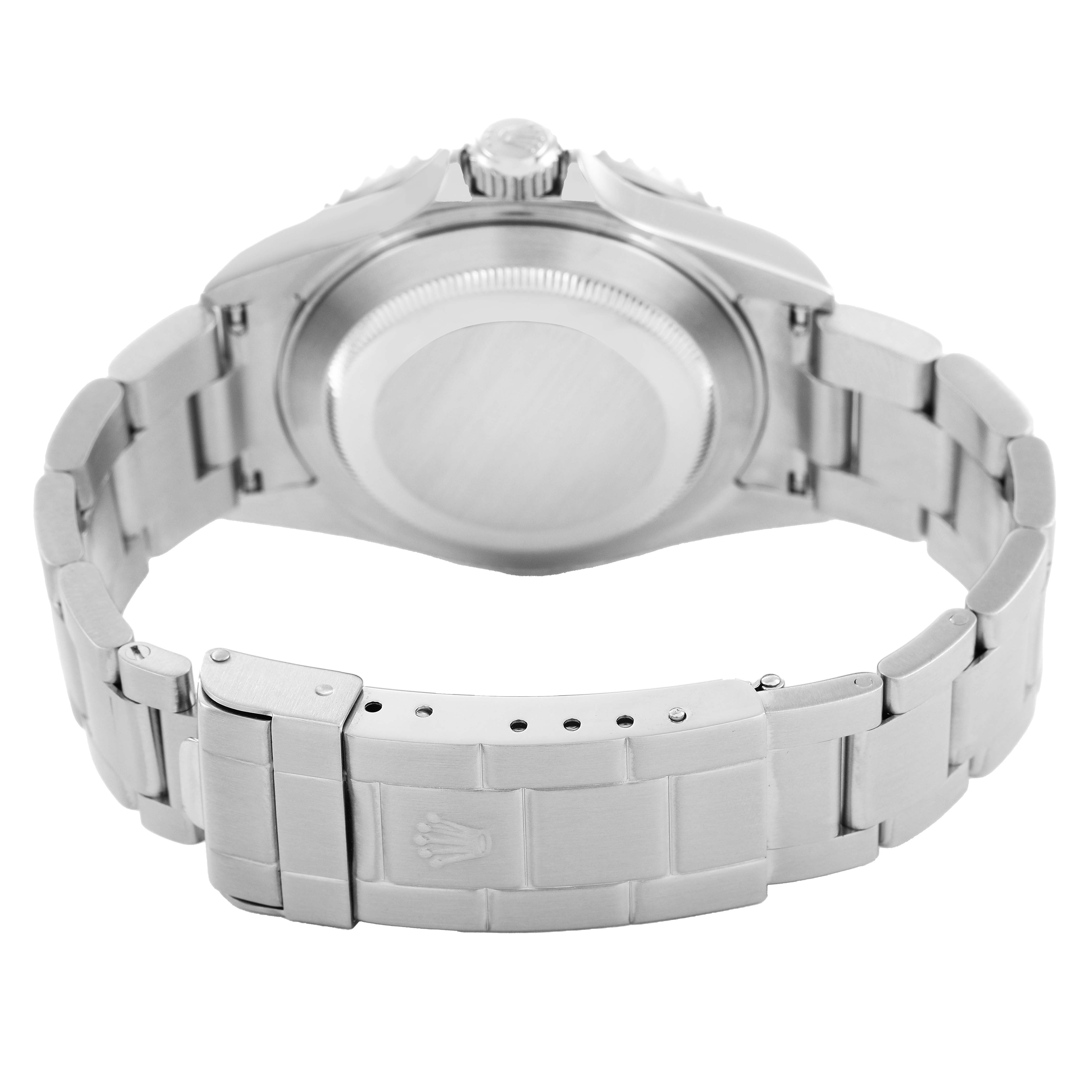 The image shows the back case and oyster bracelet clasp of a Rolex Submariner 16610 Men's Stainless Steel Black Dial watch from a rear angle.
