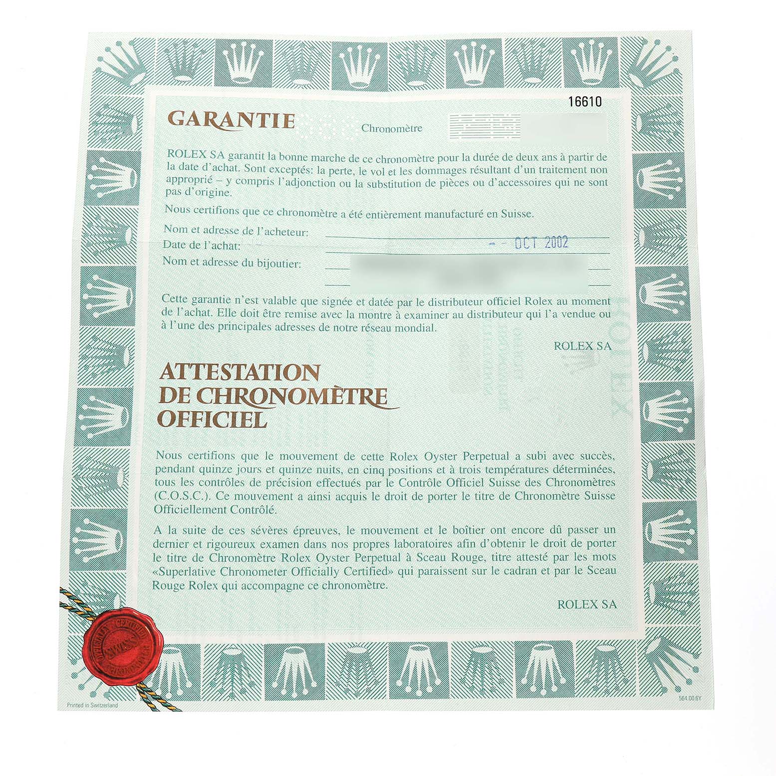 The image shows a warranty certificate for a Rolex Submariner 16610 Men's Stainless Steel Black Dial, featuring text and a red seal.