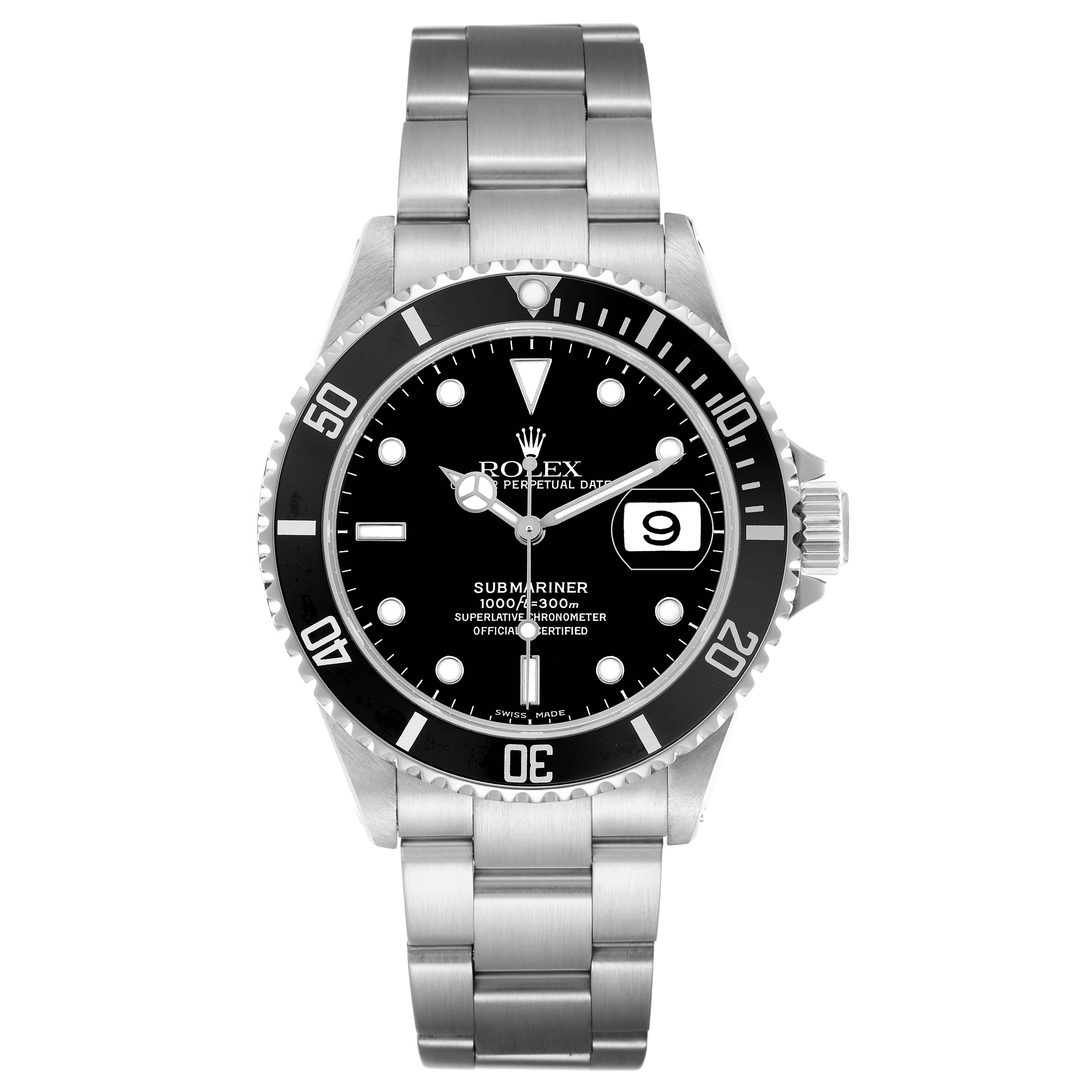 The Rolex Submariner 16610 Men's Stainless Steel Black Dial watch is shown from a front angle, displaying the dial, bezel, bracelet, and crown.