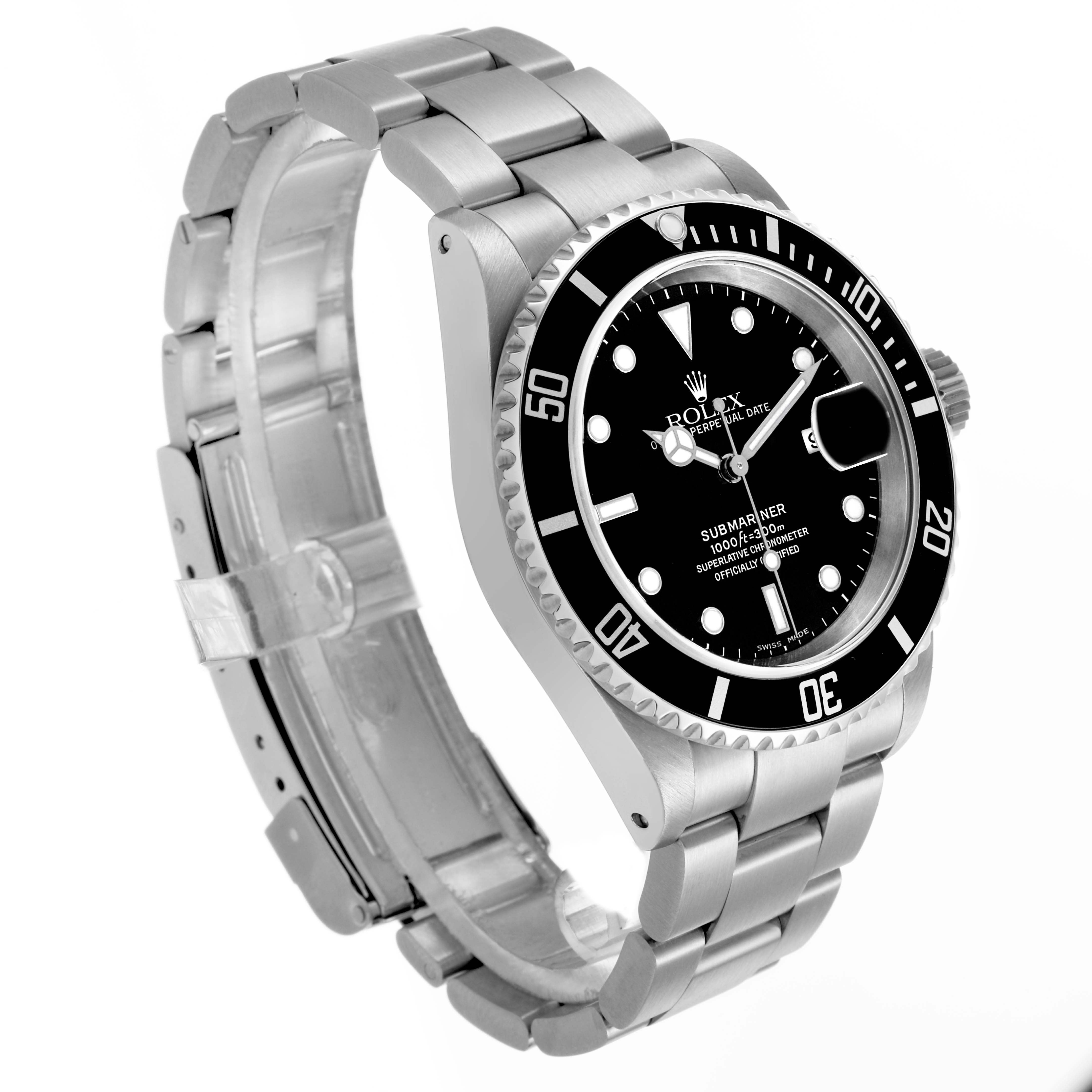 The Rolex Submariner 16610 Men's Stainless Steel Black Dial watch is shown at a three-quarter angle, displaying the face, bezel, crown, and bracelet.