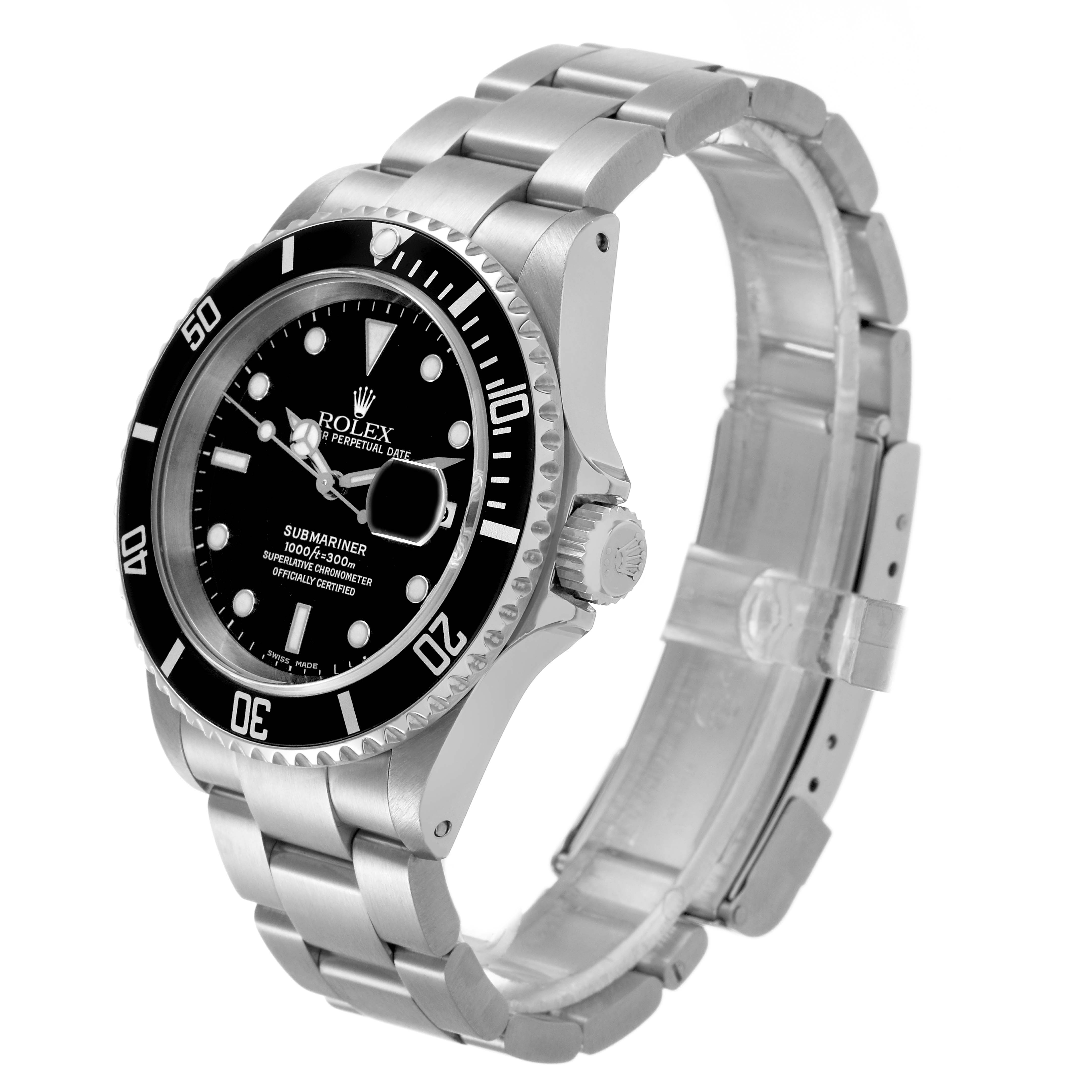 The Rolex Submariner 16610 Men's Stainless Steel Black Dial watch is shown from a three-quarter angle, highlighting the face, bezel, and metal bracelet.