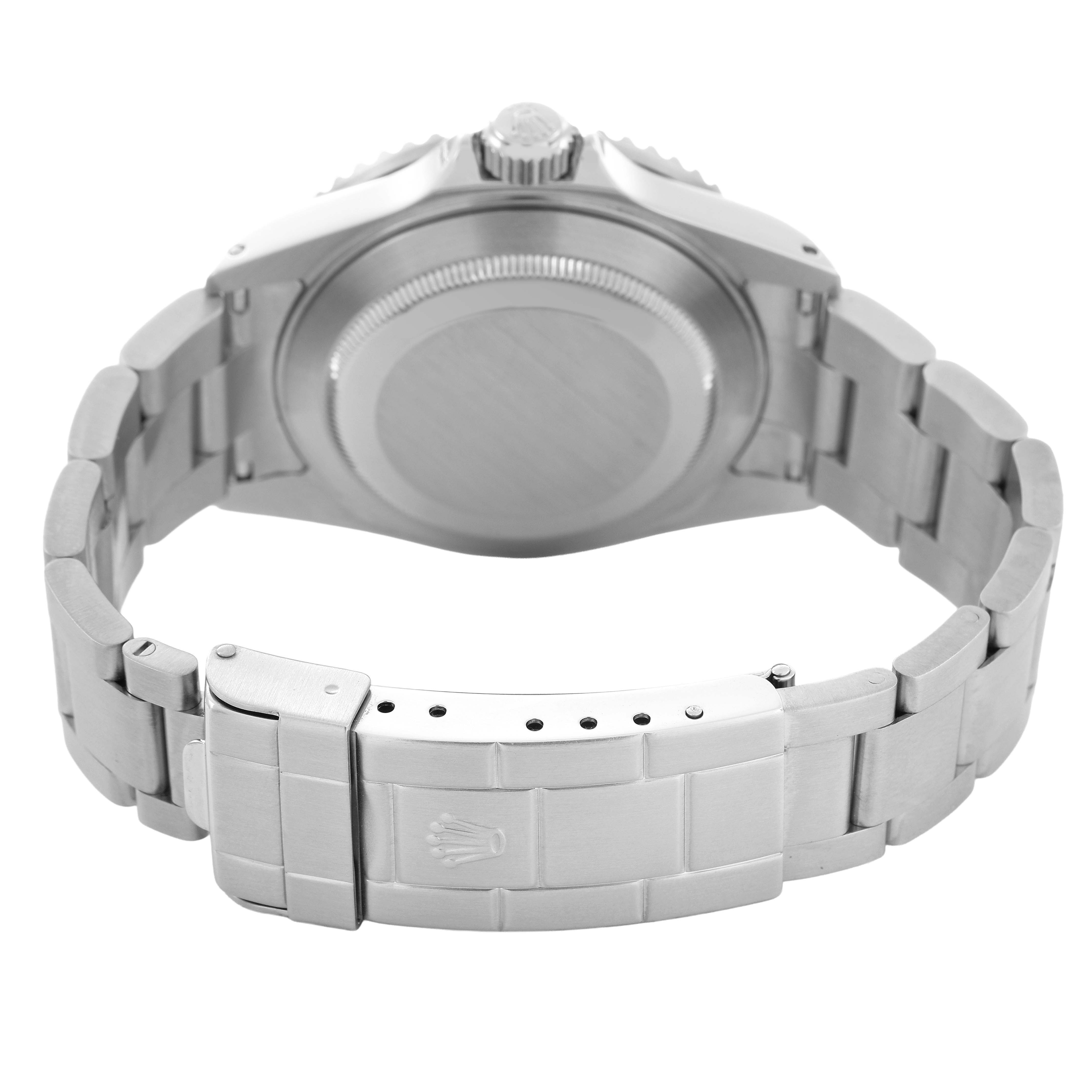 The image shows the back of the Rolex Submariner 16610 Men's Stainless Steel Black Dial, highlighting the case back, bracelet, and clasp.