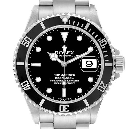 The image shows a Rolex Submariner 16610 Men's Stainless Steel Black Dial watch face-on, highlighting its bezel, dial, markers, and crown.