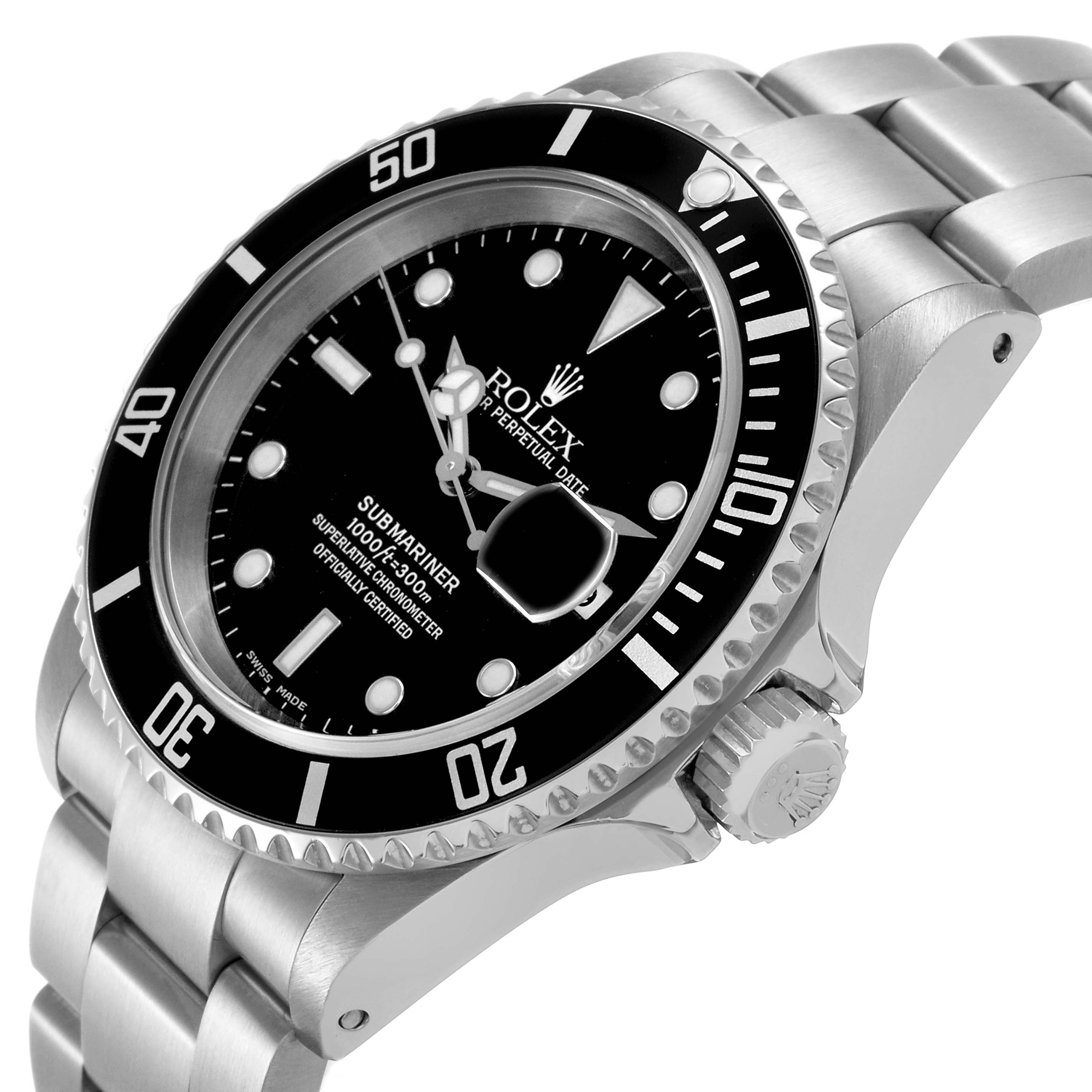 The Rolex Submariner 16610 Men's Stainless Steel Black Dial watch is shown at a three-quarter angle, highlighting its face, bezel, and part of the bracelet.