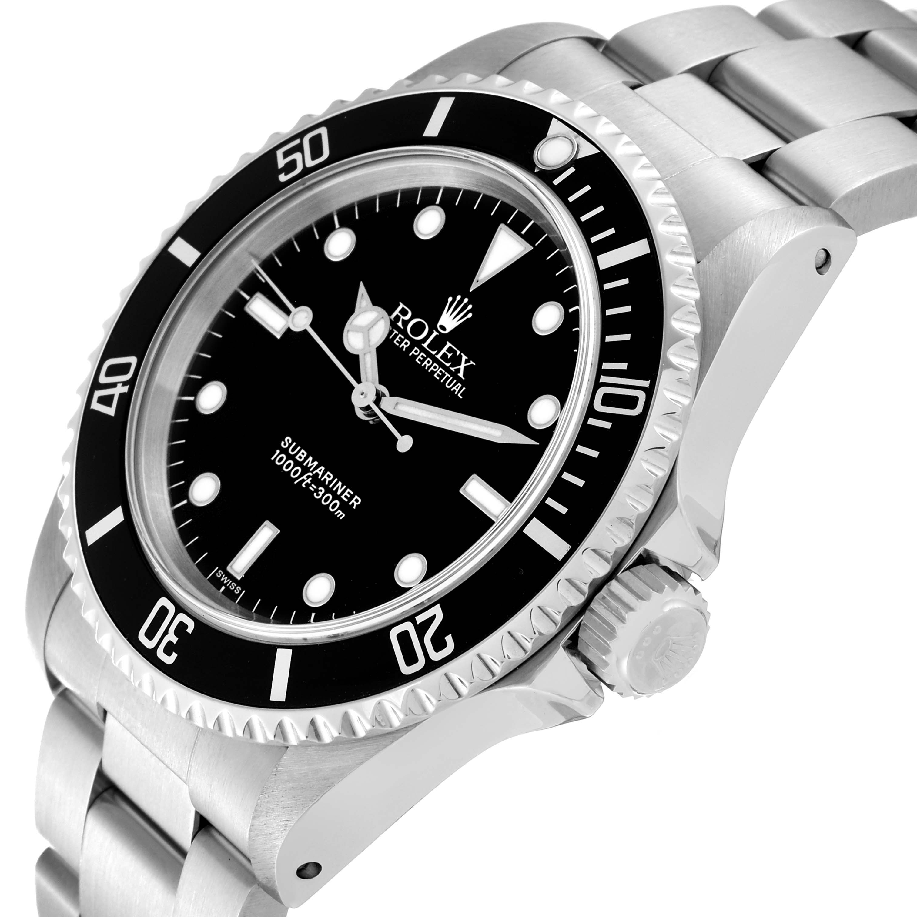The image shows a side and partial top view of a Rolex Submariner 14060 Men
s Stainless Steel Black Dial 14060 Men
s Stainless Steel Black Dial watch, highlighting the bezel, dial, and bracelet.