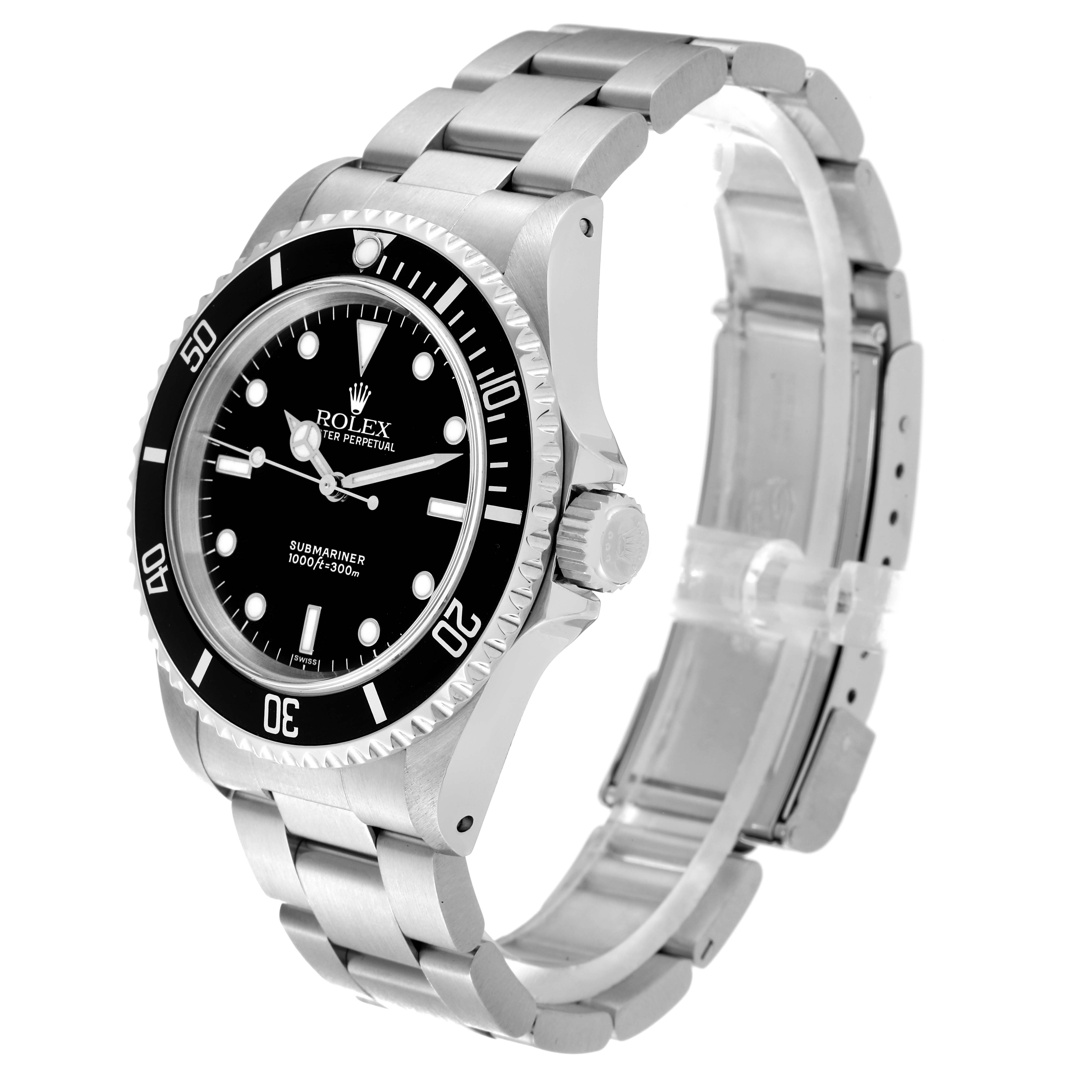 The image shows a Rolex Submariner 14060 Men
s Stainless Steel Black Dial 14060 Men
s Stainless Steel Black Dial watch at a three-quarter angle with a focus on the dial, bezel, and bracelet.