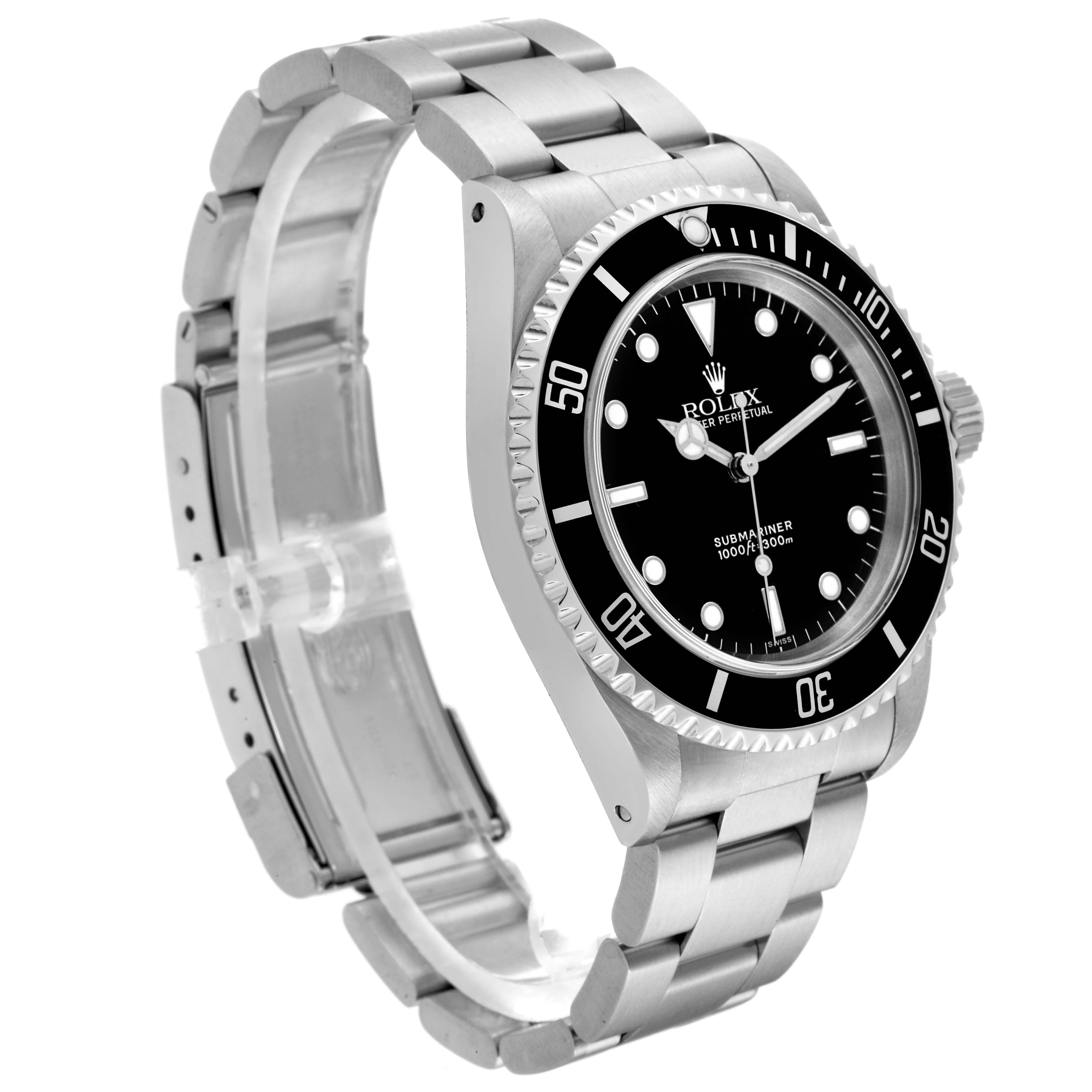 The image shows a side perspective of a Rolex Submariner 14060 Men
s Stainless Steel Black Dial 14060 Men
s Stainless Steel Black Dial, highlighting the bracelet, bezel, and dial.