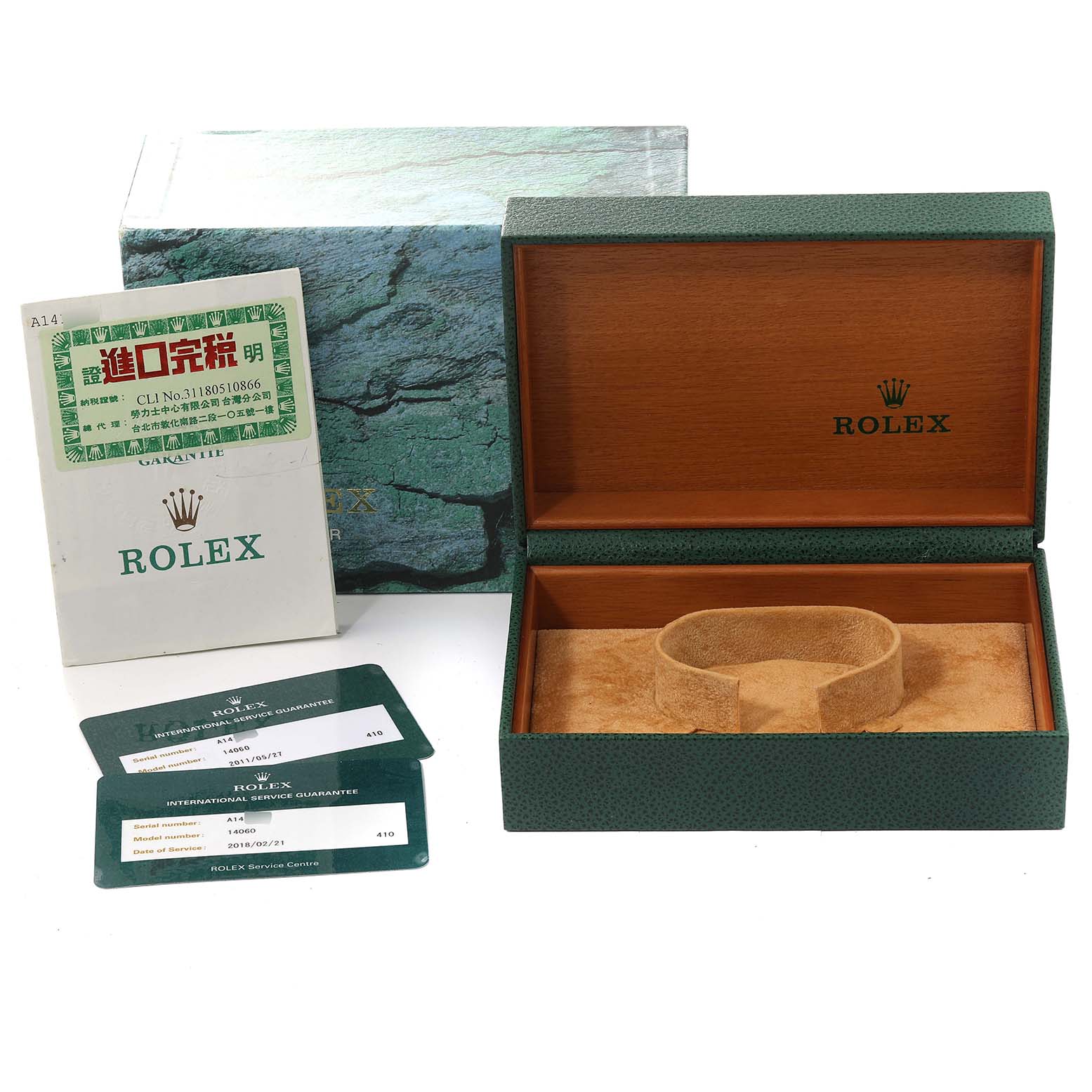 The image shows the open box, packaging, and guarantee cards for a Rolex Submariner 14060 Men
s Stainless Steel Black Dial 14060 Men
s Stainless Steel Black Dial watch.