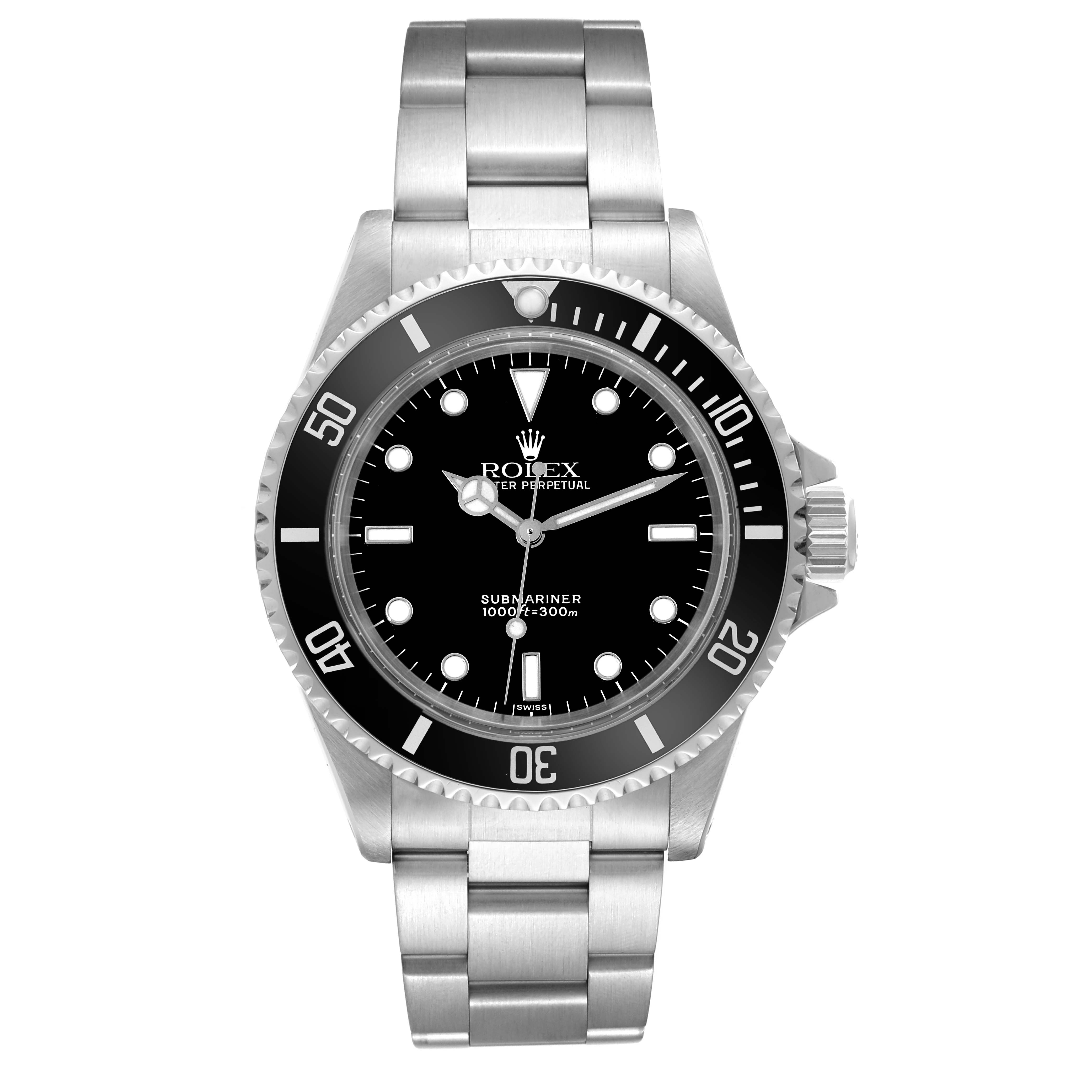 This image shows a front view of the Rolex Submariner 14060 Men
s Stainless Steel Black Dial 14060 Men
s Stainless Steel Black Dial watch including its black dial, bezel, and stainless steel bracelet.